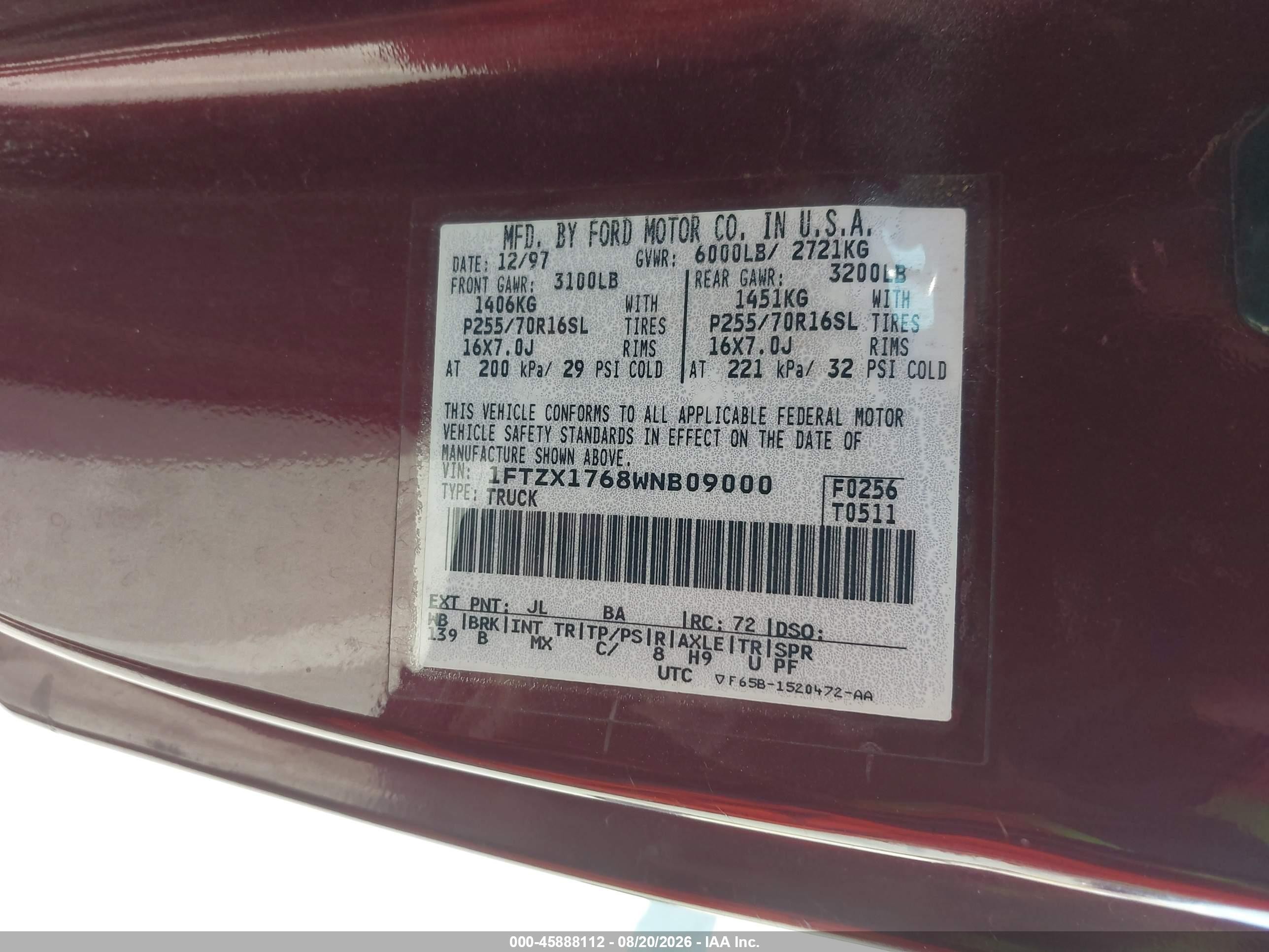 1998 Ford F-150 Lariat/standard/xl/xlt Red vin: 1FTZX1768WNB09000