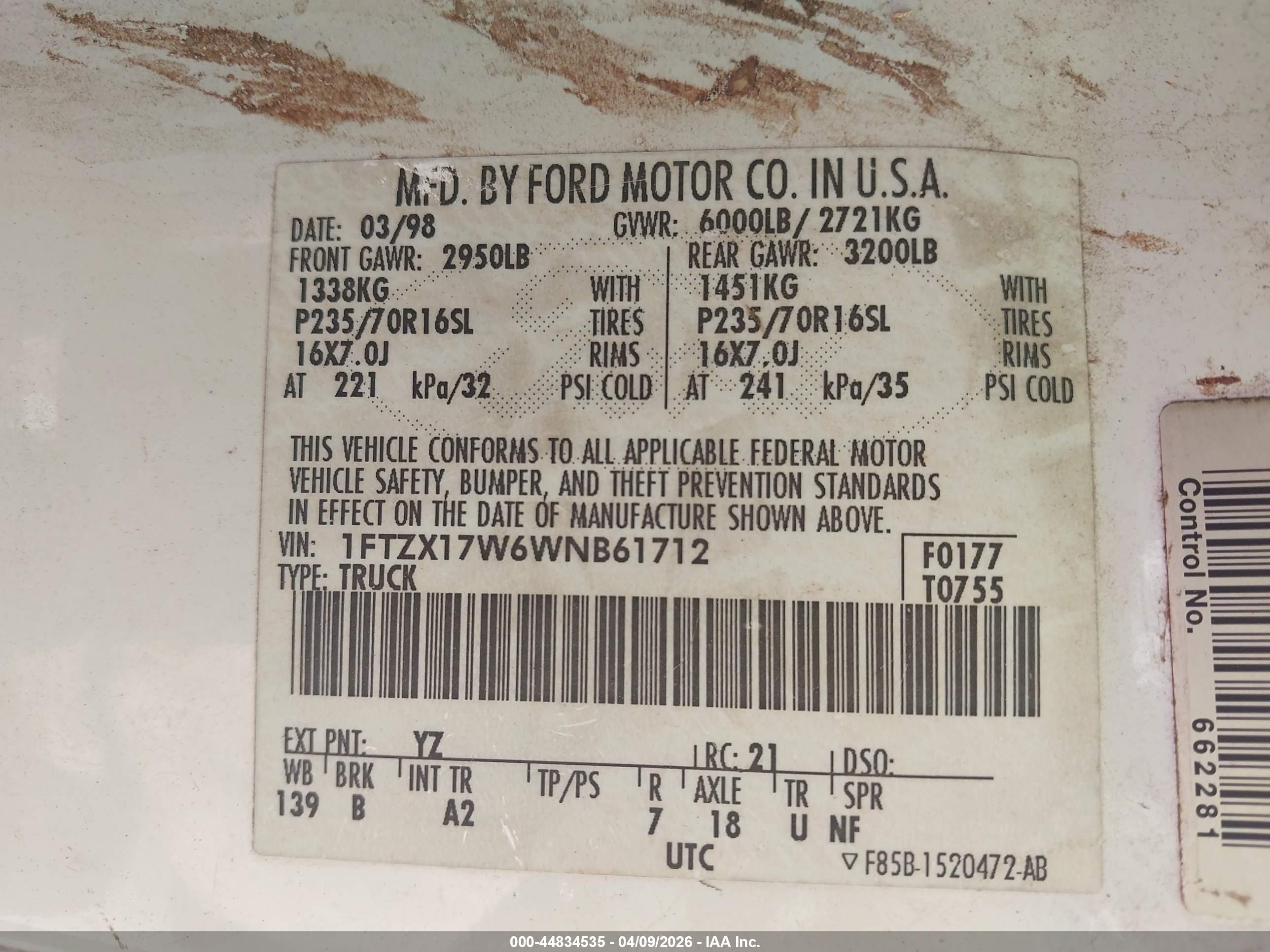 1998 Ford F-150 Lariat/standard/xl/xlt White vin: 1FTZX17W6WNB61712