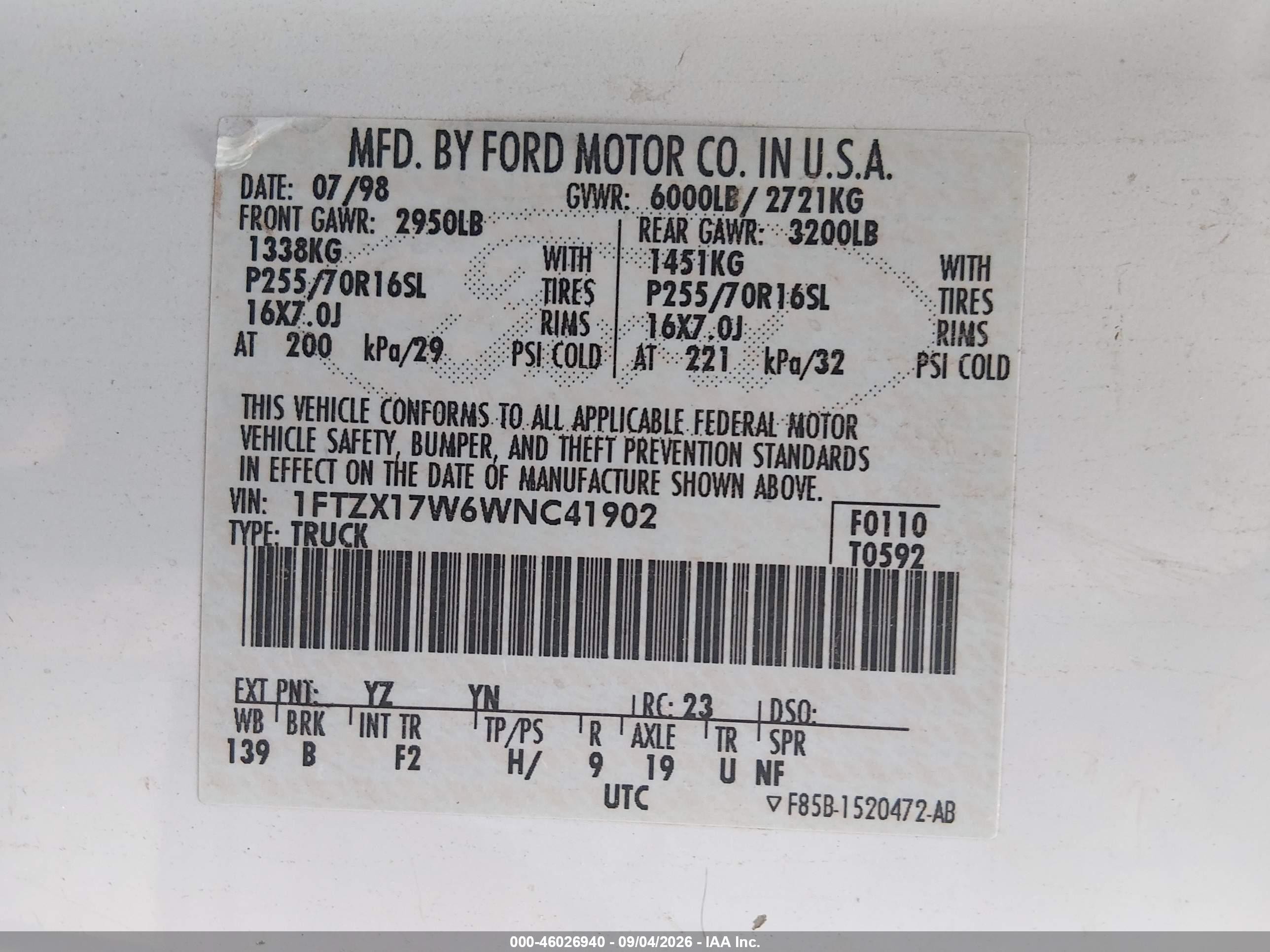 1998 Ford F-150 Lariat/standard/xl/xlt White vin: 1FTZX17W6WNC41902