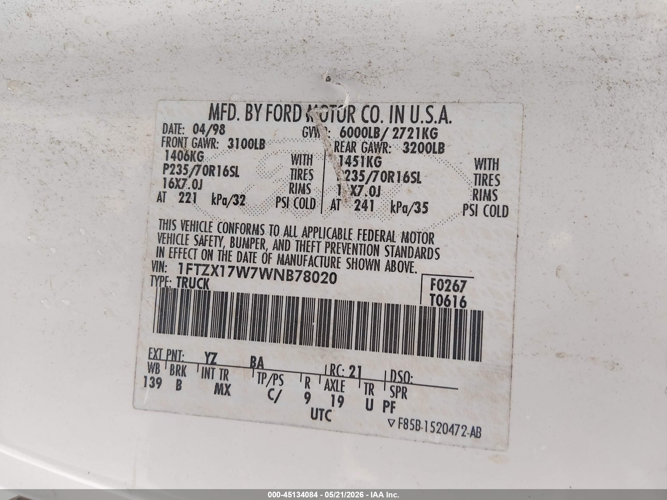 1998 Ford F-150 Lariat/standard/xl/xlt White vin: 1FTZX17W7WNB78020
