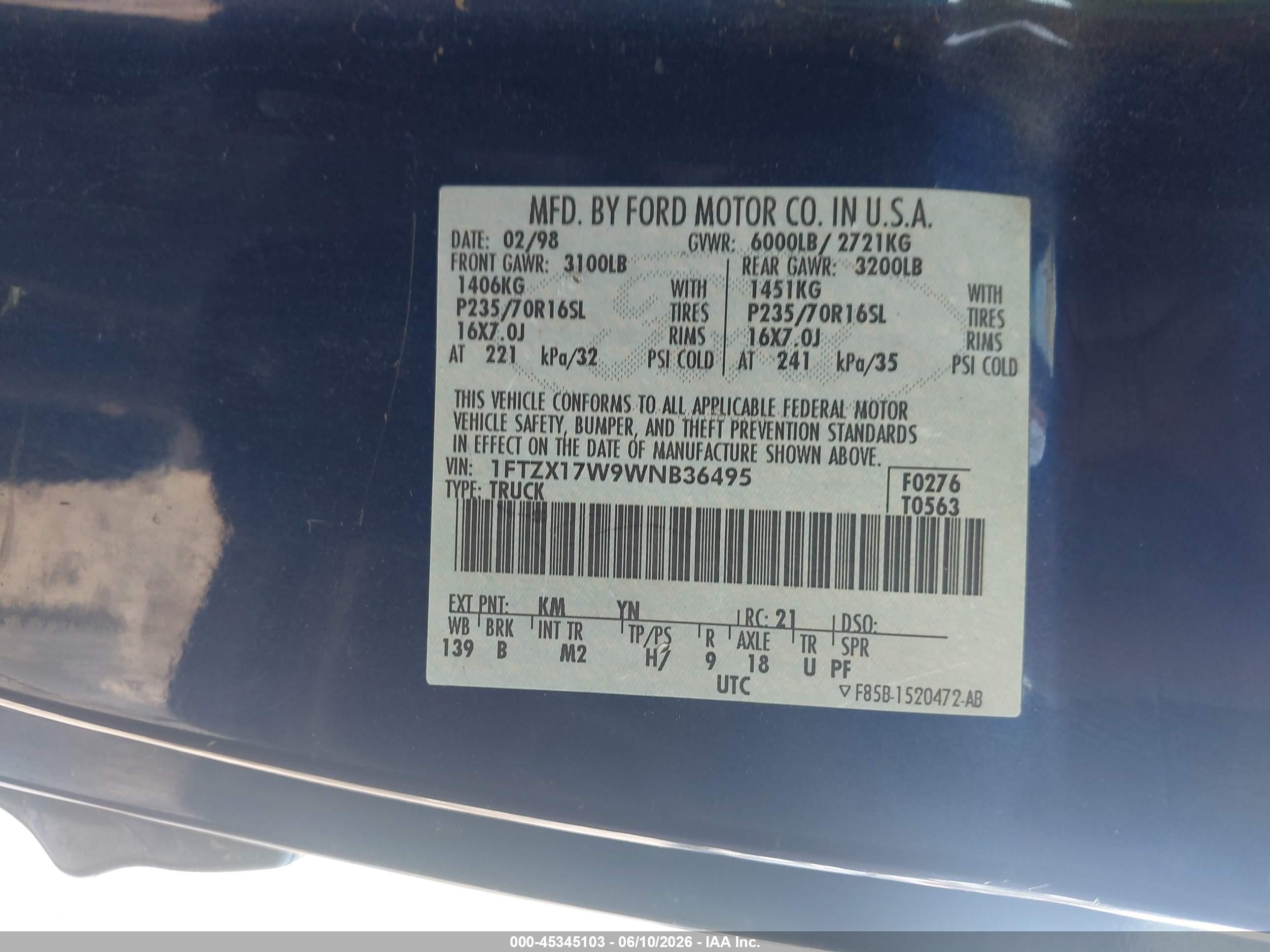 1998 Ford F-150 Lariat/standard/xl/xlt Blue vin: 1FTZX17W9WNB36495