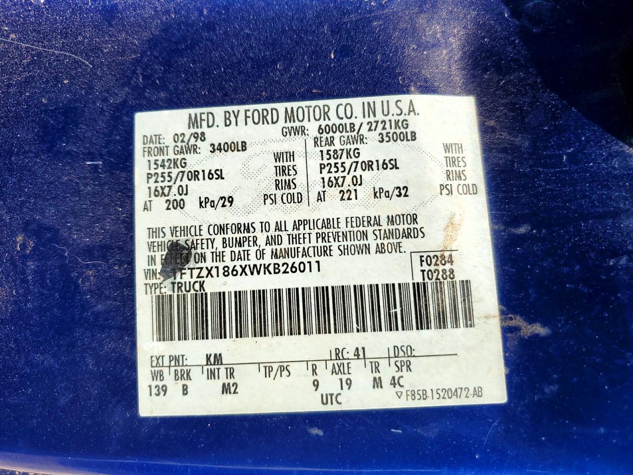 1998 Ford 150 Blue vin: 1FTZX186XWKB26011