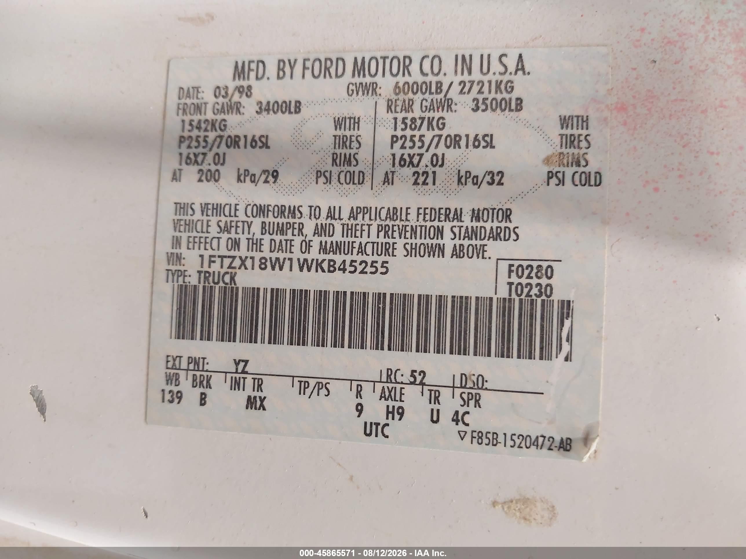 1998 Ford F-150 Lariat/standard/xl/xlt White vin: 1FTZX18W1WKB45255