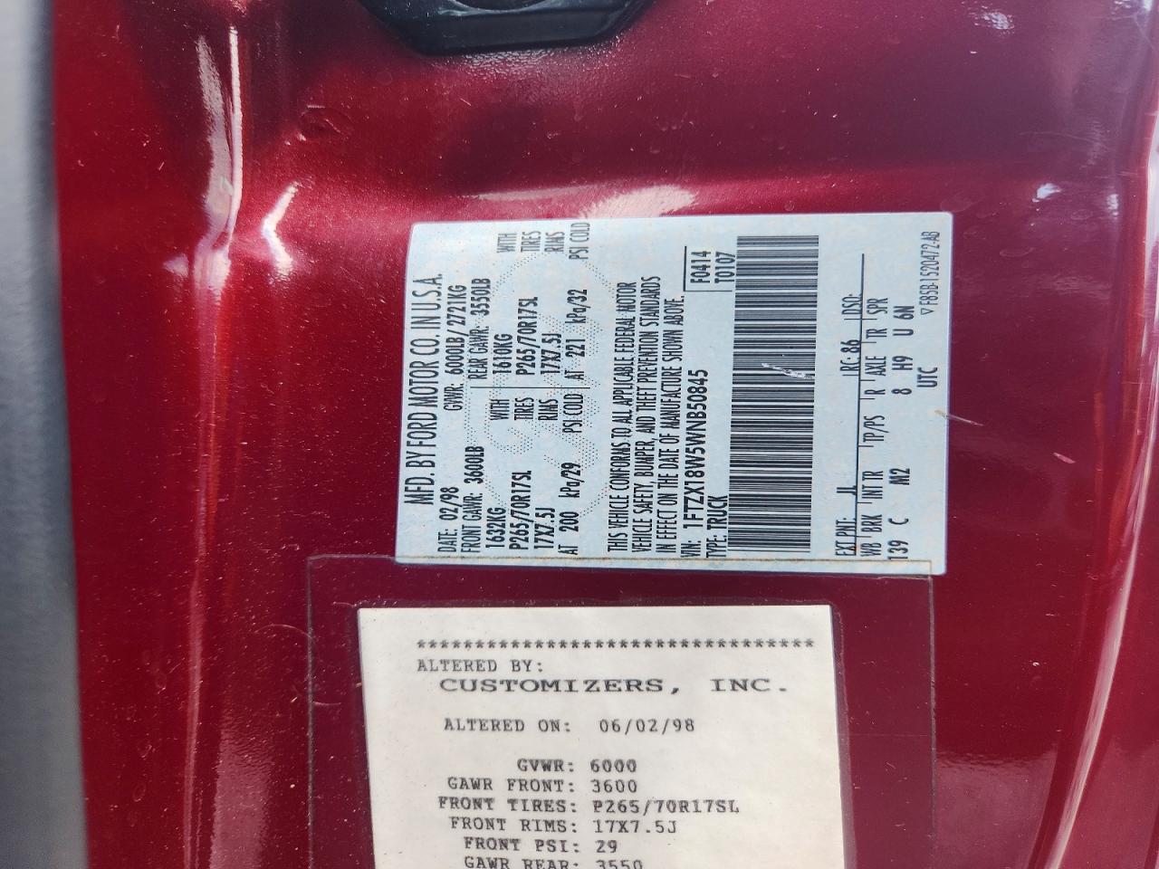 1998 Ford F150 Burgundy vin: 1FTZX18W5WNB50845