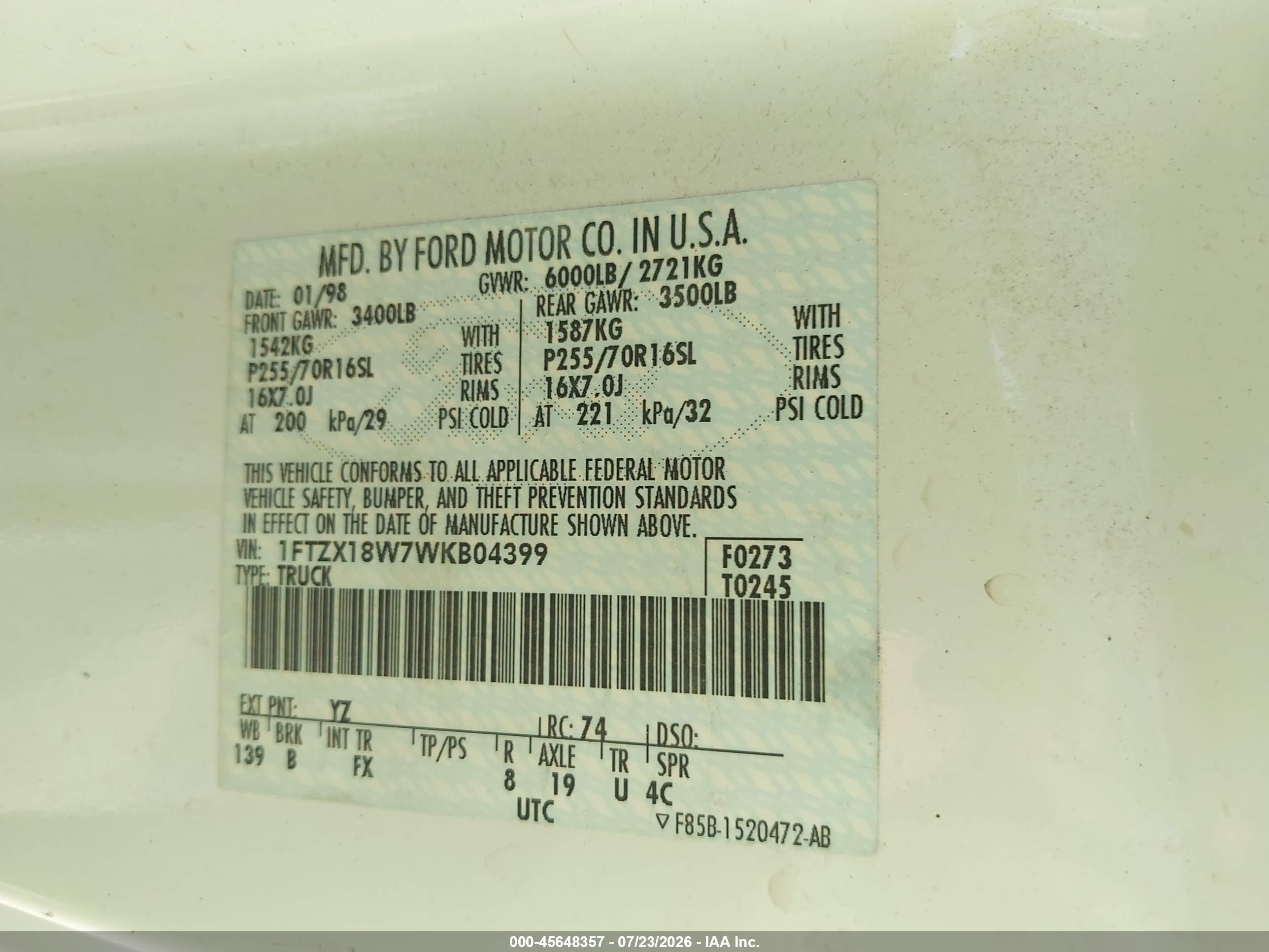 1998 Ford F-150 Lariat/standard/xl/xlt White vin: 1FTZX18W7WKB04399