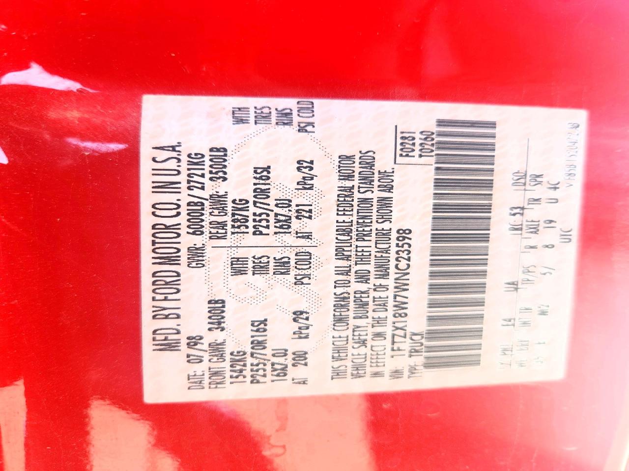 1998 Ford F150 Red vin: 1FTZX18W7WNC23598