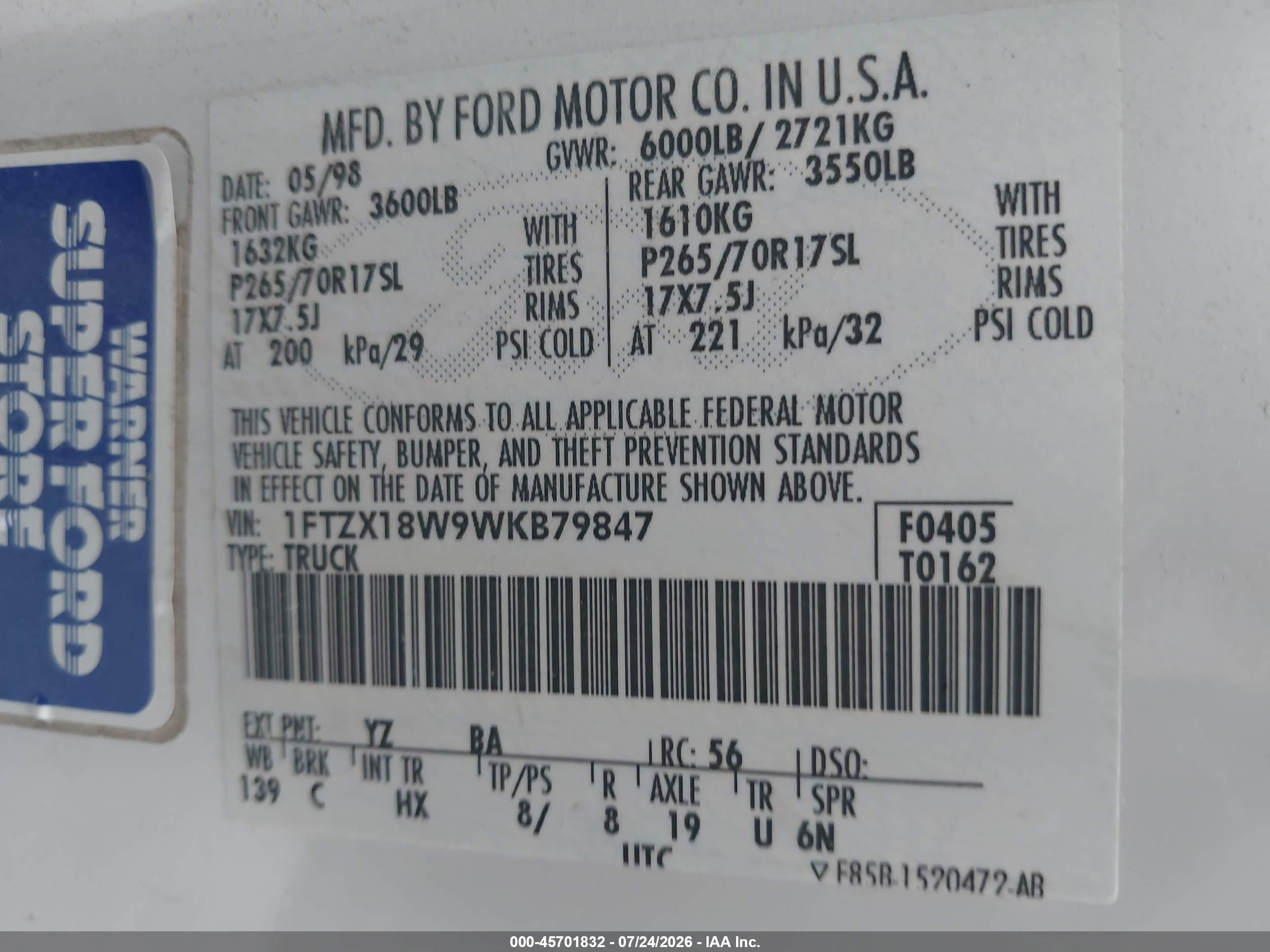 1998 Ford F-150 Lariat/standard/xl/xlt Белый vin: 1FTZX18W9WKB79847