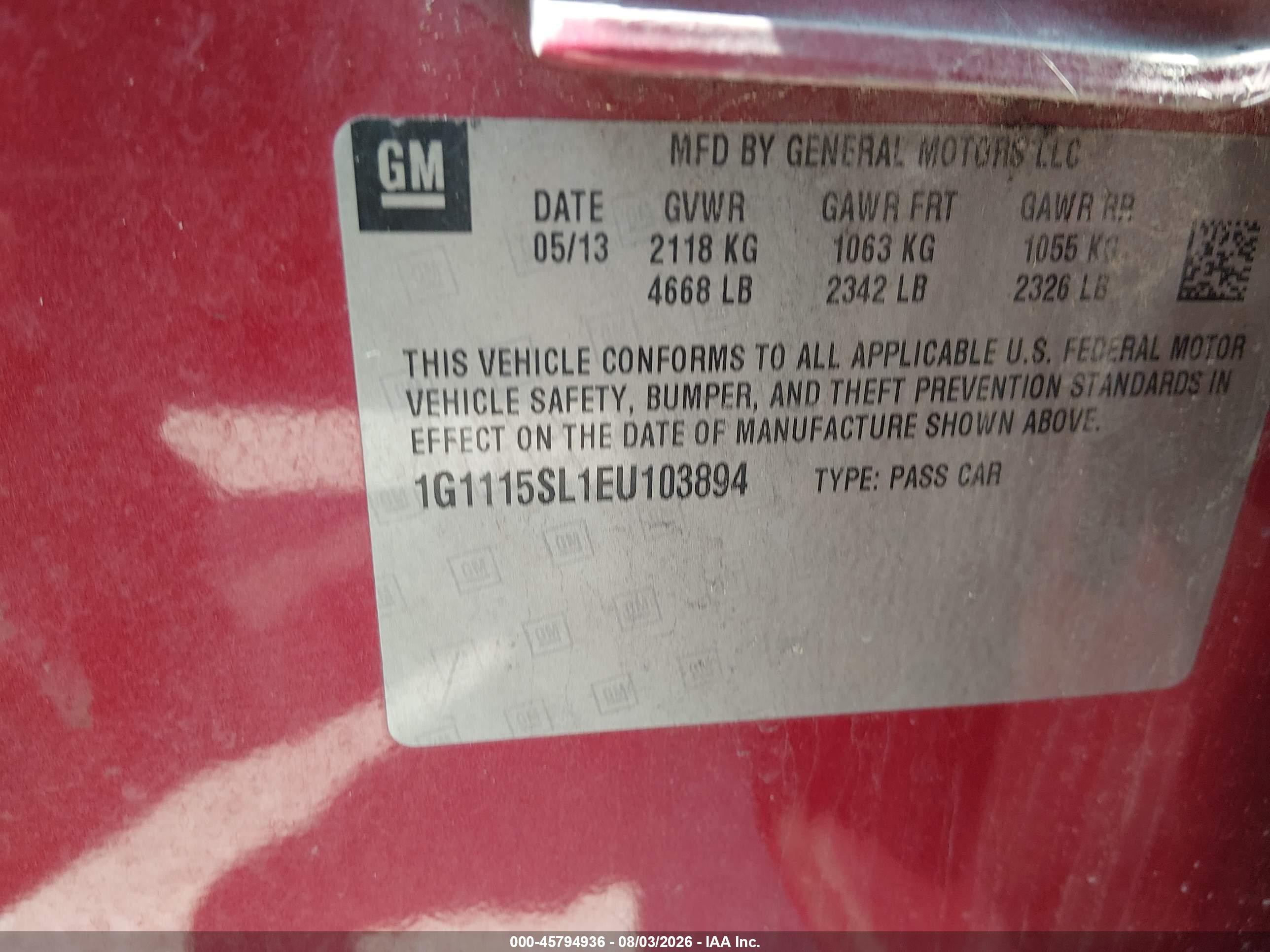 2014 Chevrolet Impala 1lt Red vin: 1G1115SL1EU103894