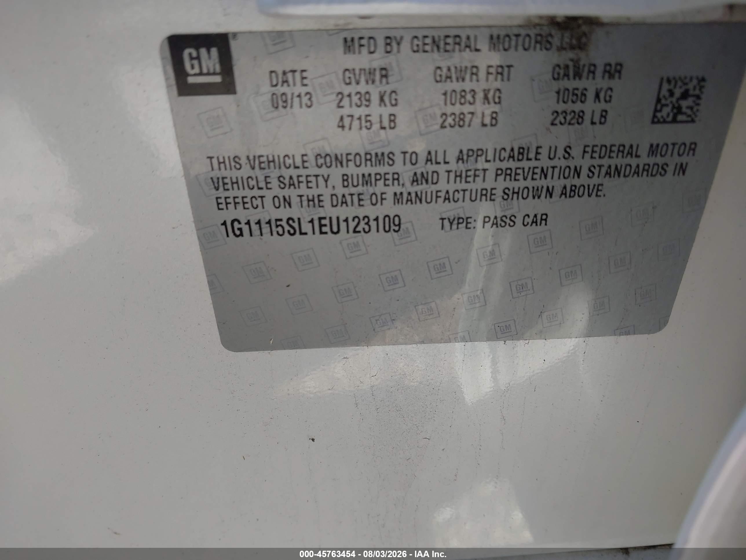 2014 Chevrolet Impala 1lt White vin: 1G1115SL1EU123109