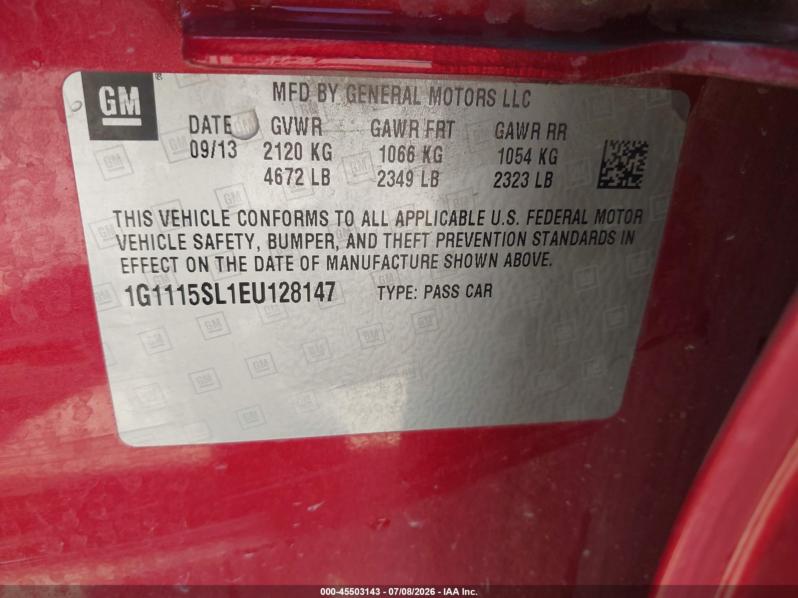 2014 Chevrolet Impala 1lt Red vin: 1G1115SL1EU128147