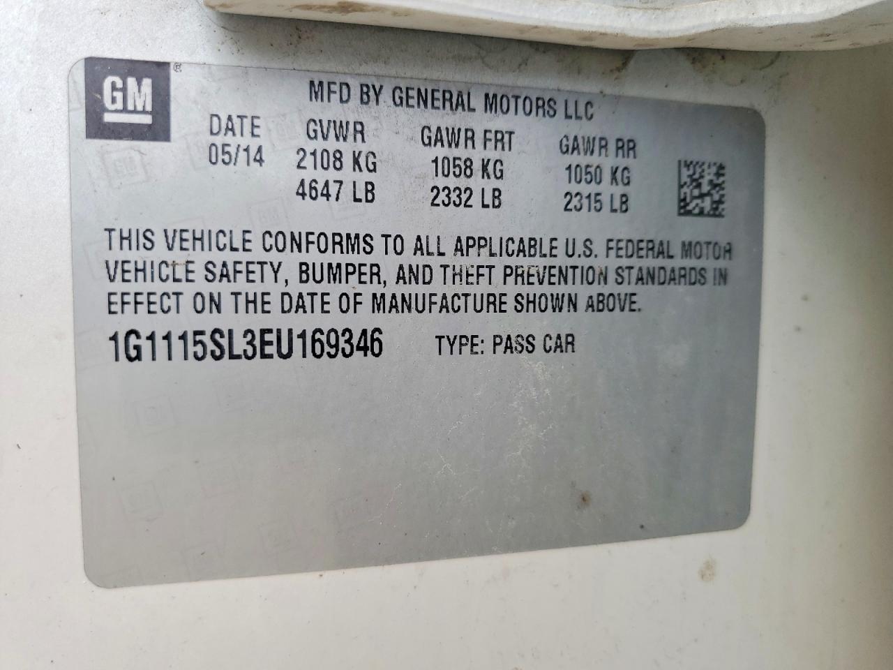 2014 Chevrolet Impala Lt White vin: 1G1115SL3EU169346
