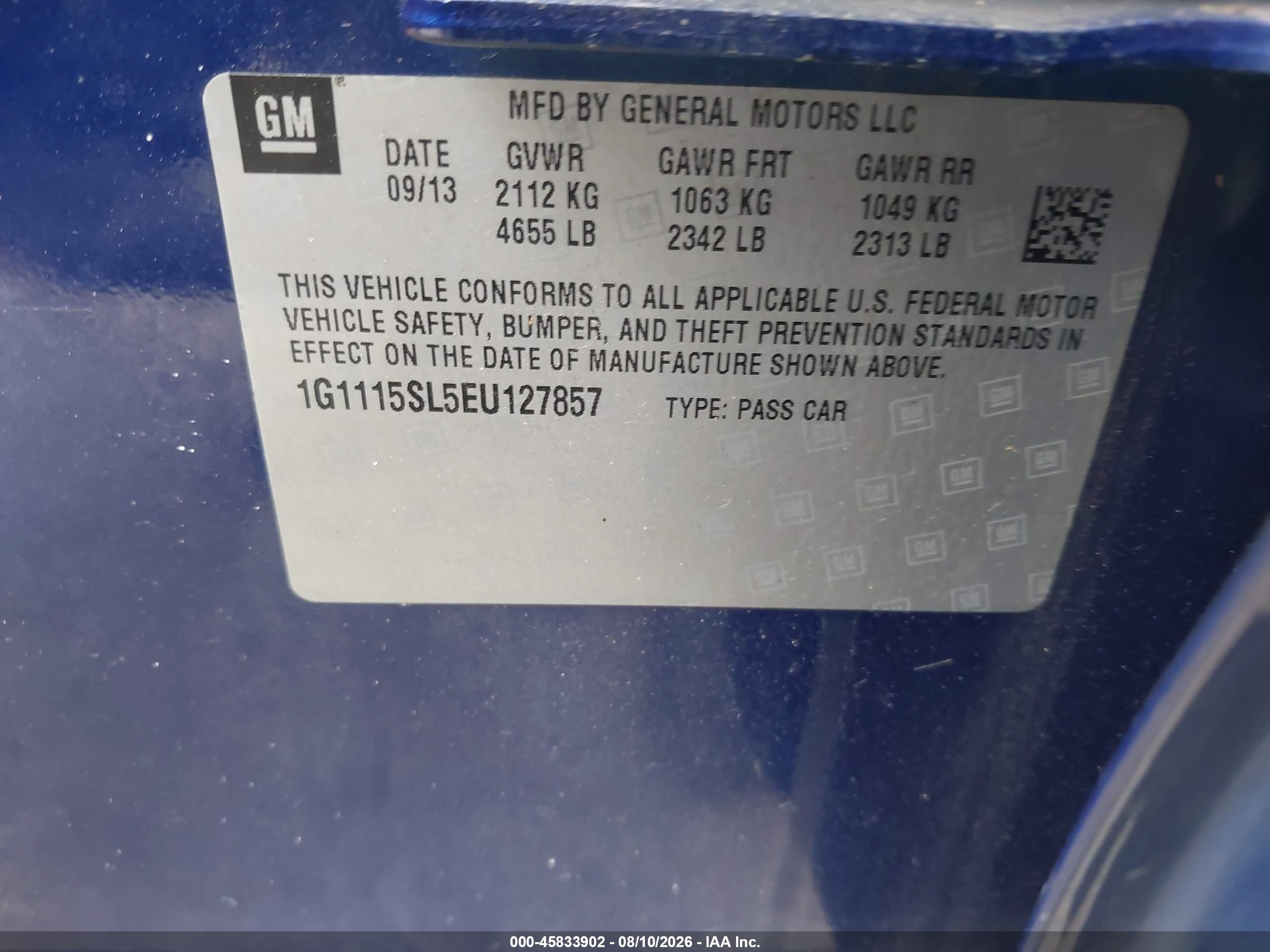 2014 Chevrolet Impala 1lt Blue vin: 1G1115SL5EU127857