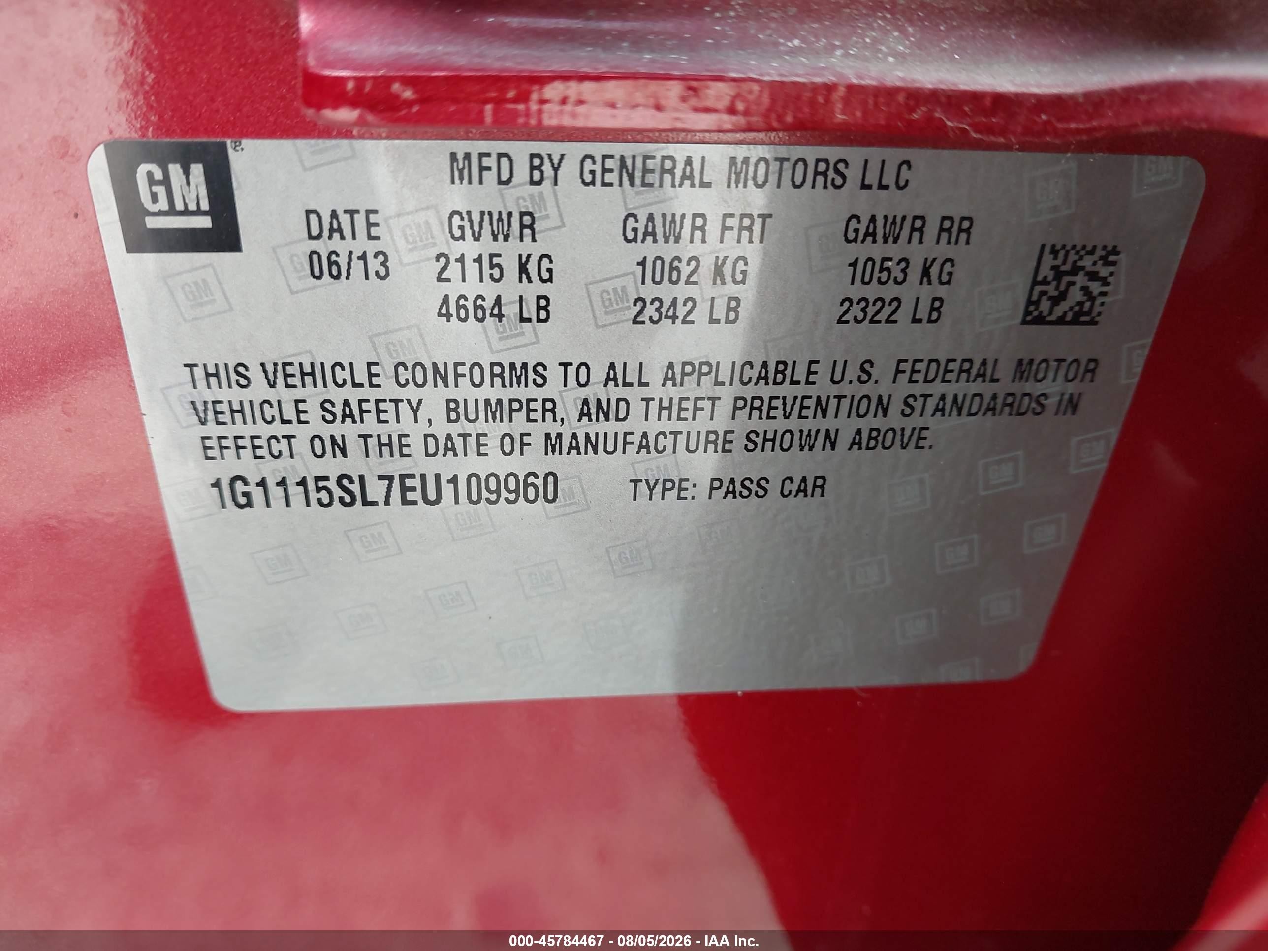 2014 Chevrolet Impala 1lt Red vin: 1G1115SL7EU109960
