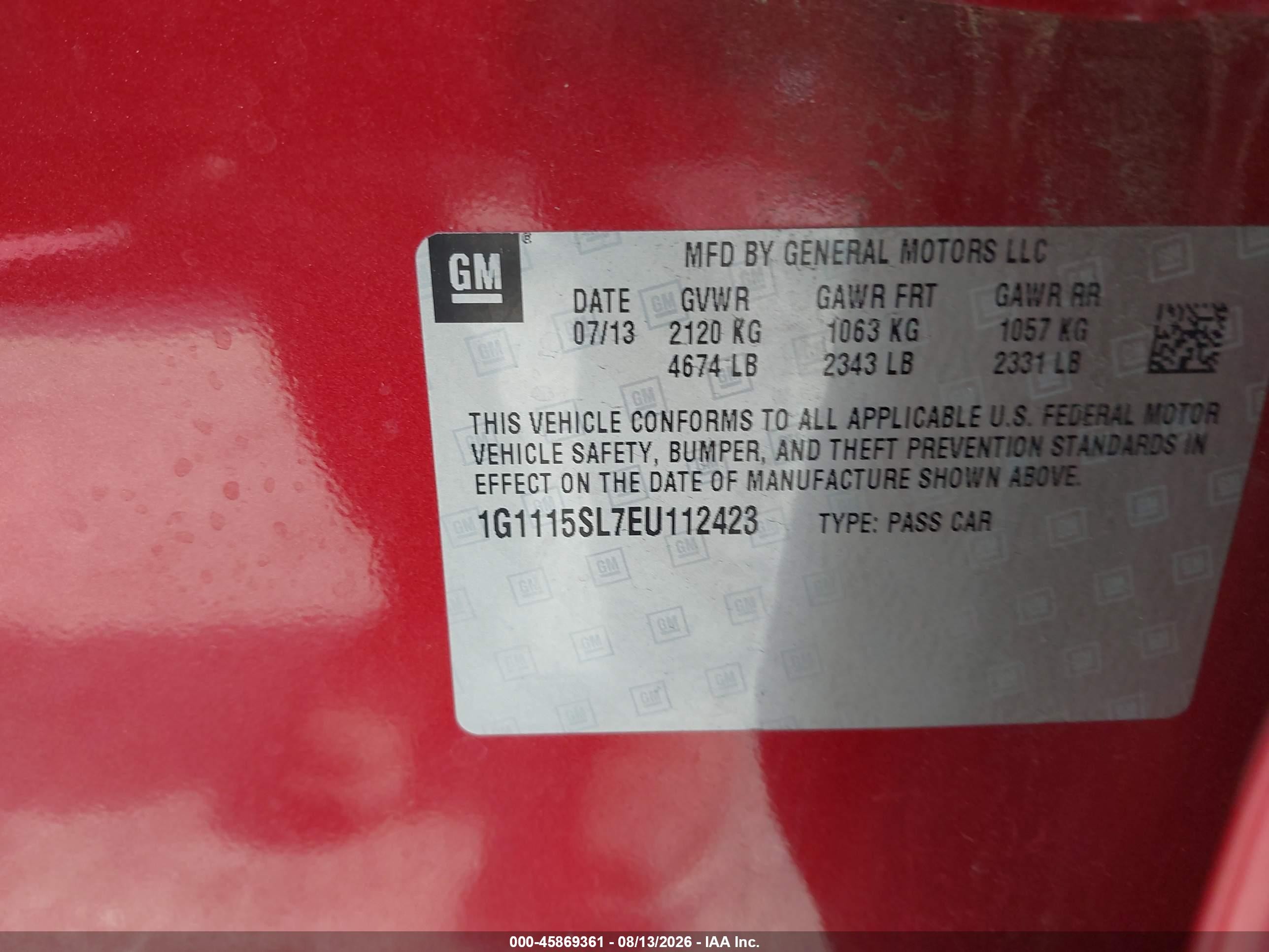 2014 Chevrolet Impala 1lt Red vin: 1G1115SL7EU112423