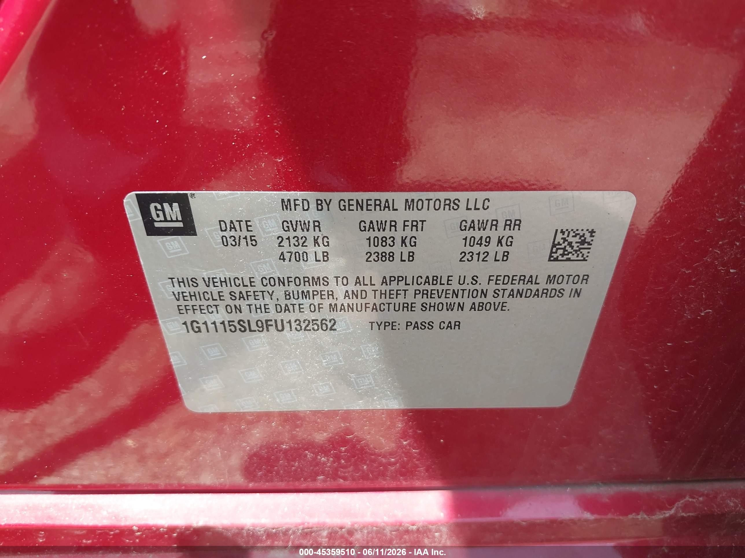 2015 Chevrolet Impala 1lt Red vin: 1G1115SL9FU132562
