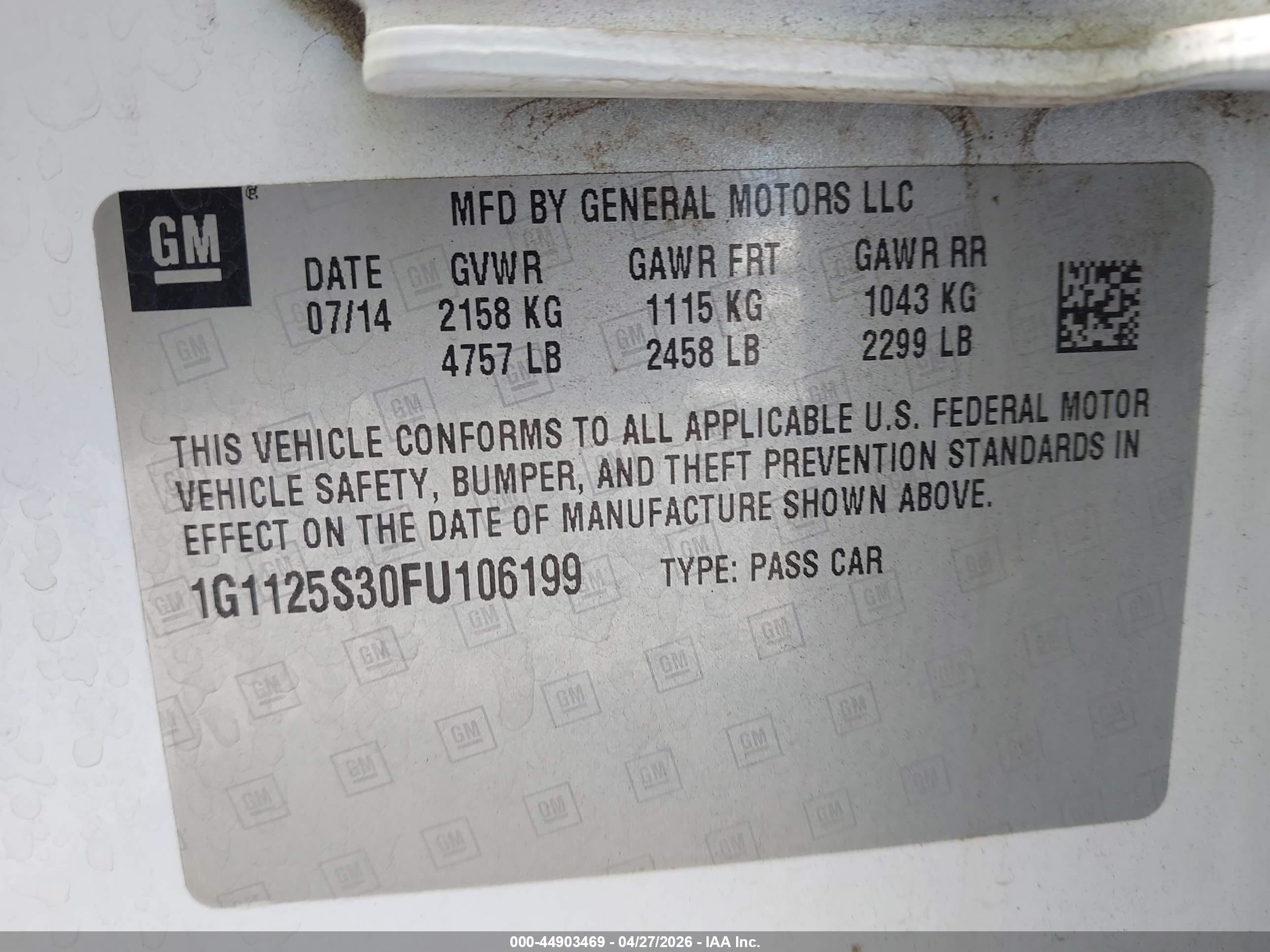 2015 Chevrolet Impala 2lt White vin: 1G1125S30FU106199