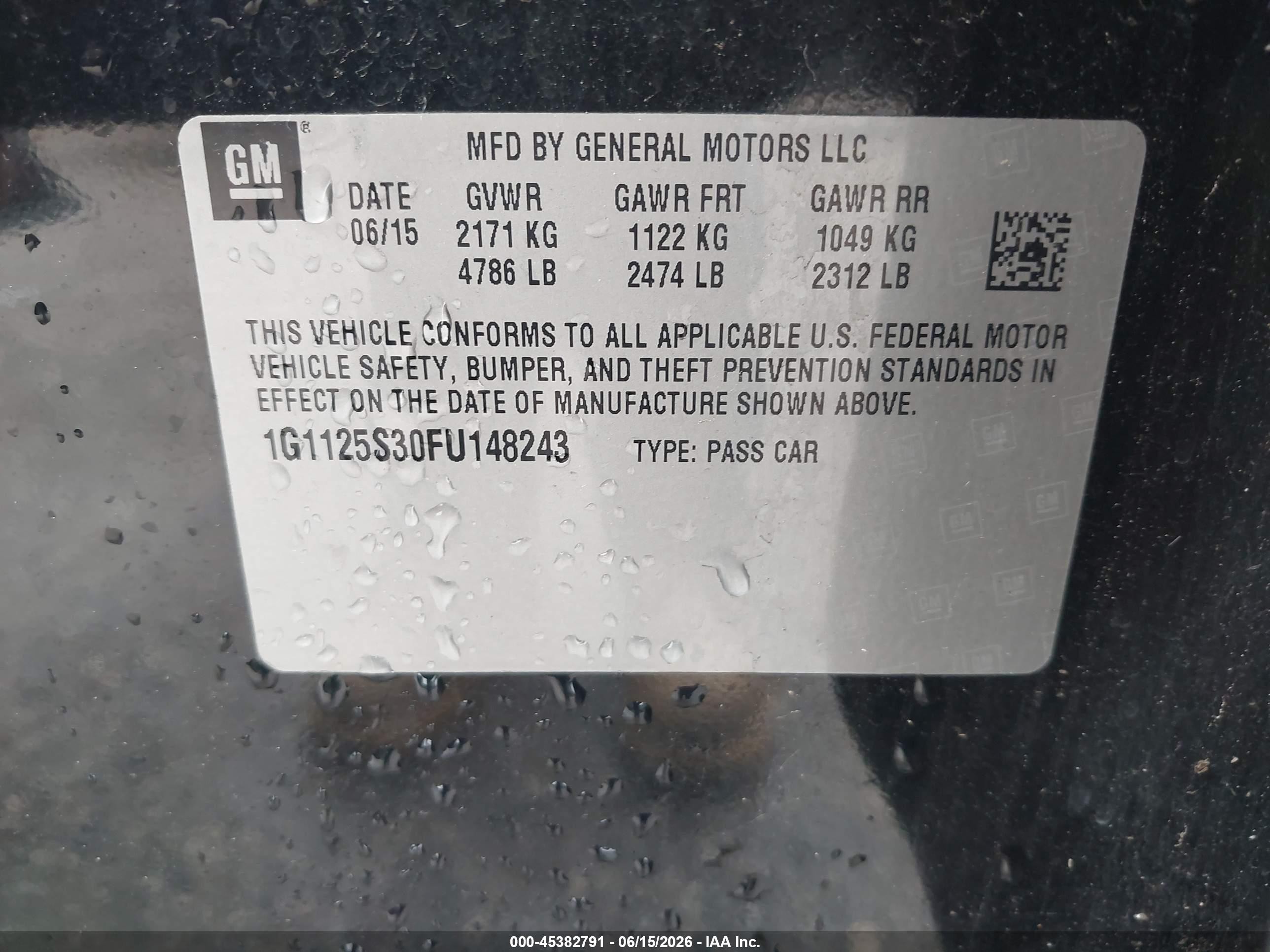 2015 Chevrolet Impala 2lt Black vin: 1G1125S30FU148243