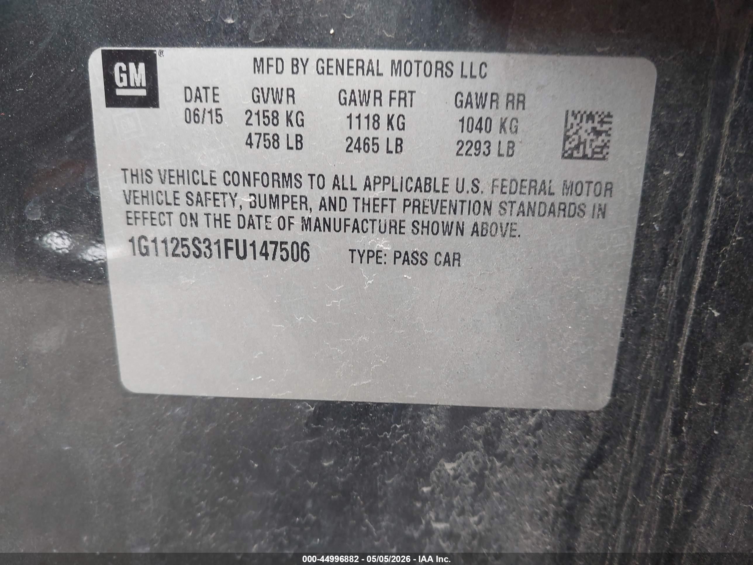 2015 Chevrolet Impala 2lt Черный vin: 1G1125S31FU147506
