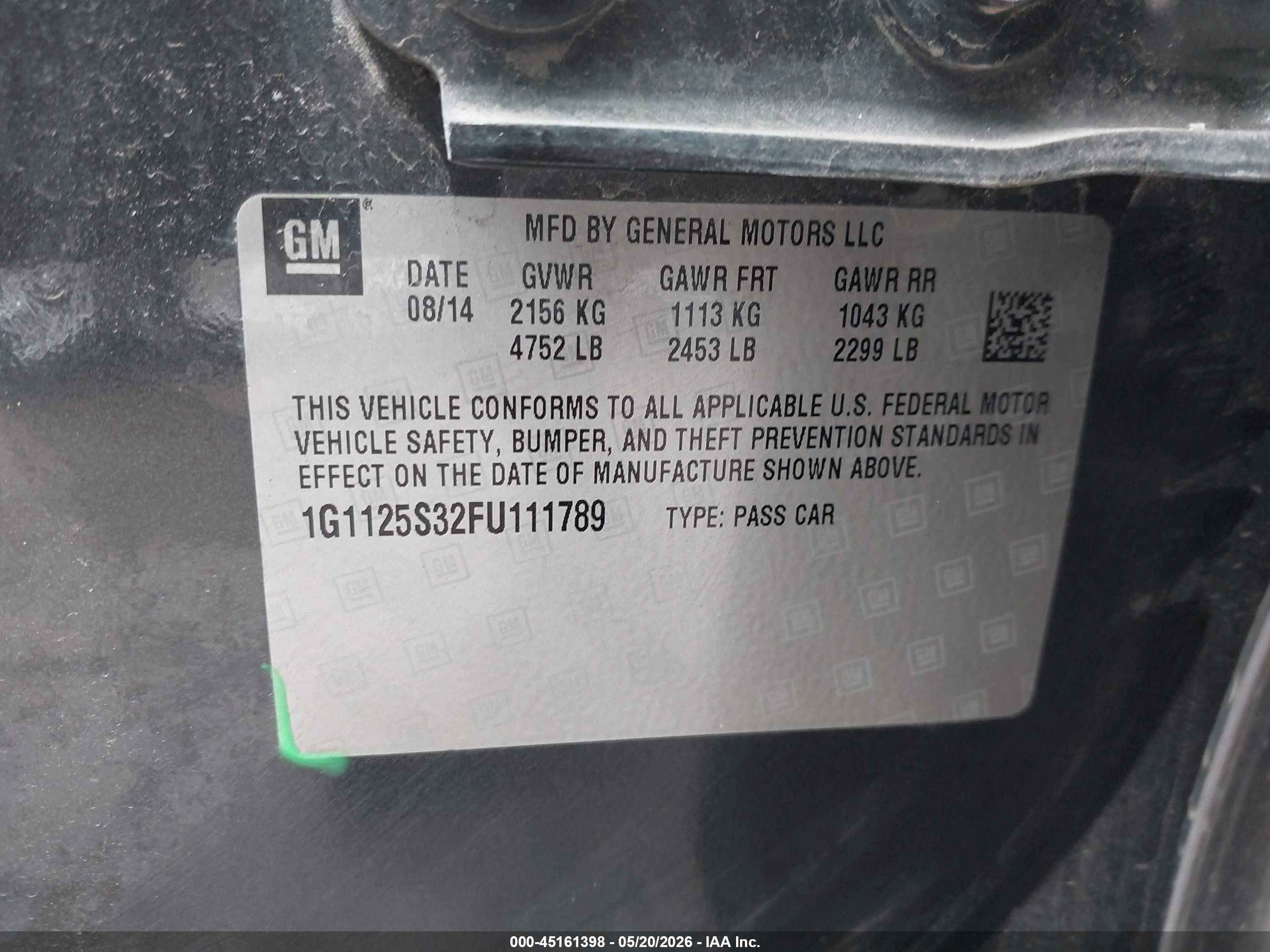 2015 Chevrolet Impala 2lt Gray vin: 1G1125S32FU111789
