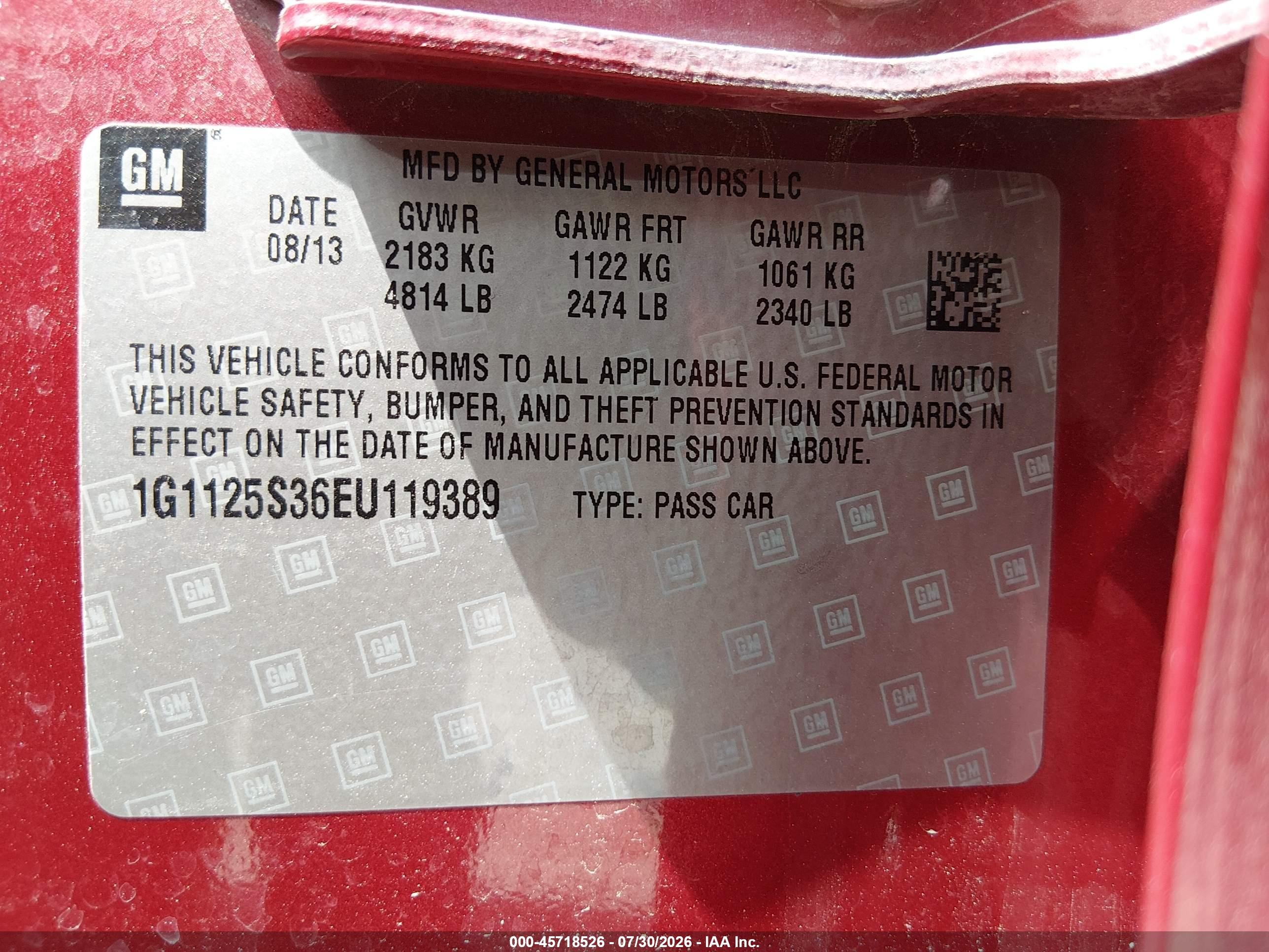 2014 Chevrolet Impala 2lt Red vin: 1G1125S36EU119389