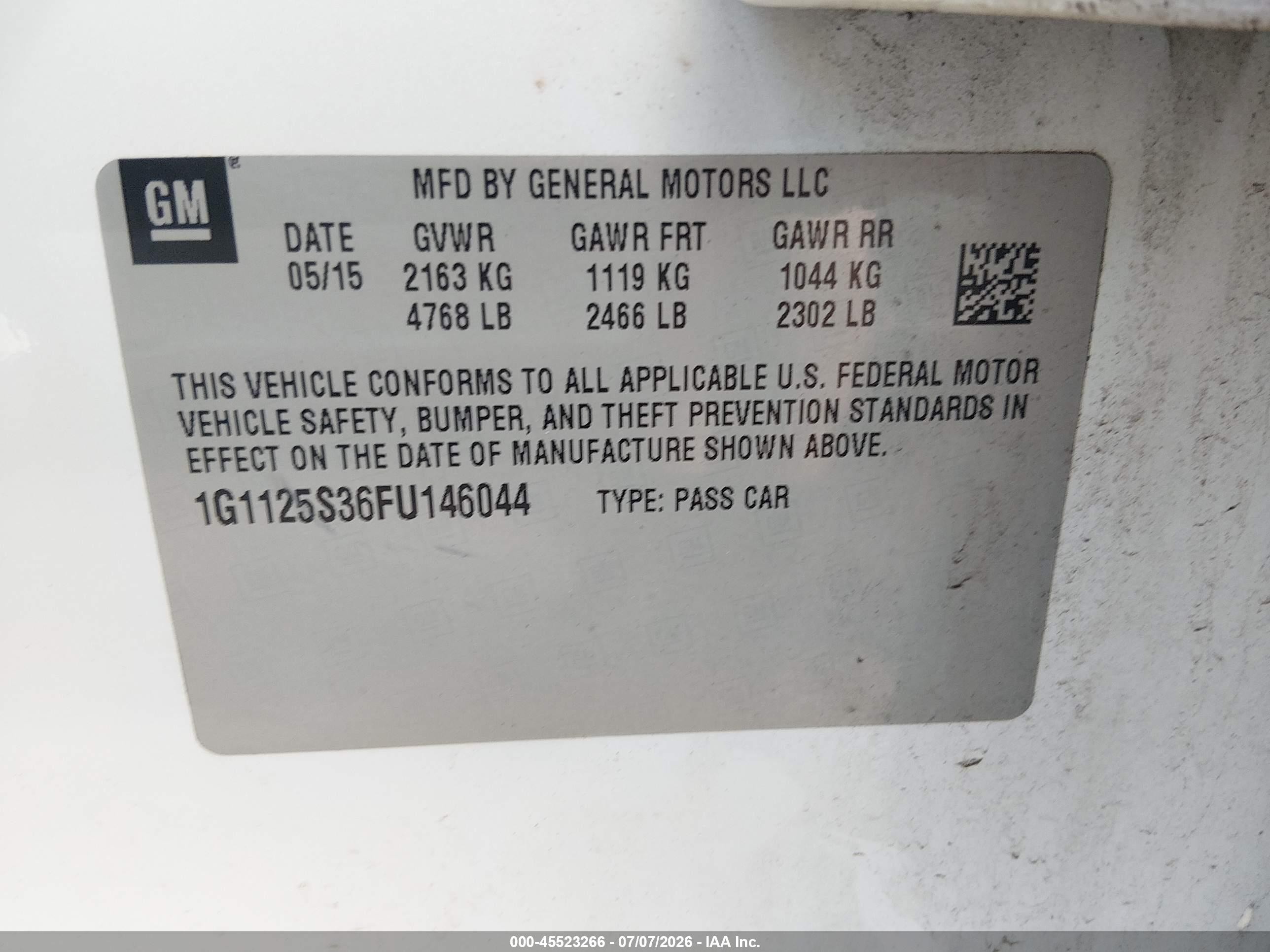 2015 Chevrolet Impala 2lt White vin: 1G1125S36FU146044