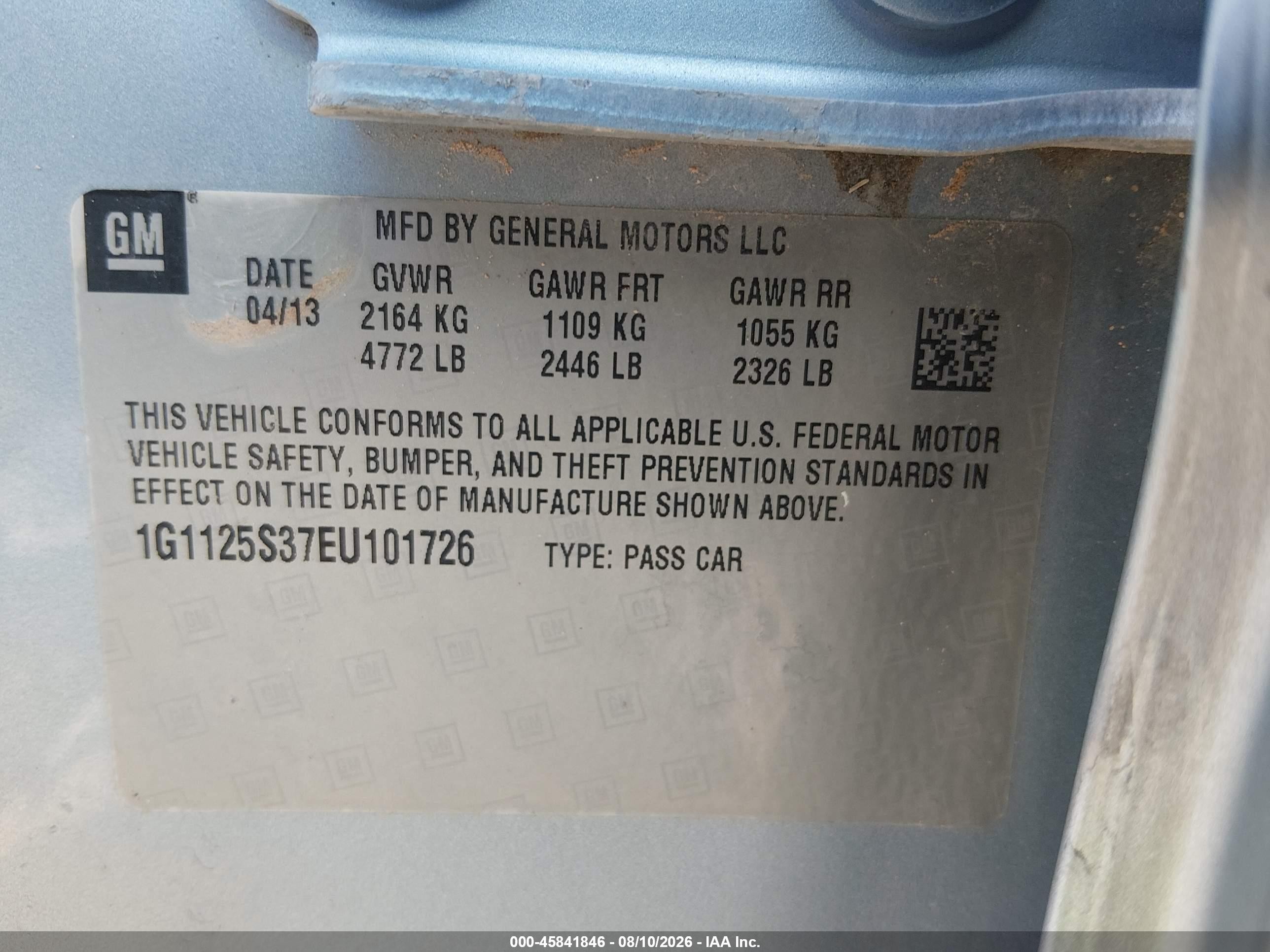 2014 Chevrolet Impala 2lt Blue vin: 1G1125S37EU101726