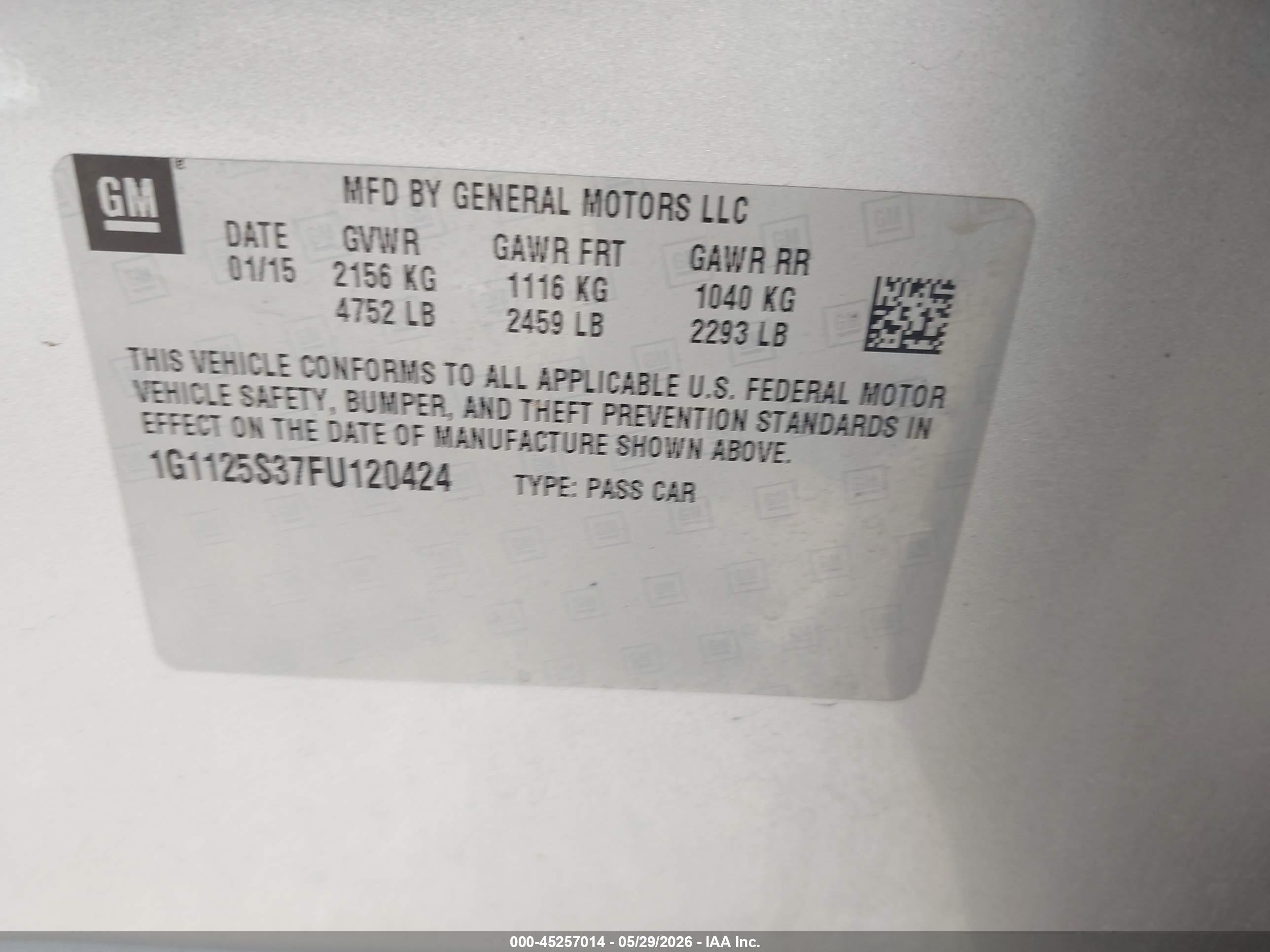 2015 Chevrolet Impala 2lt Серебряный vin: 1G1125S37FU120424