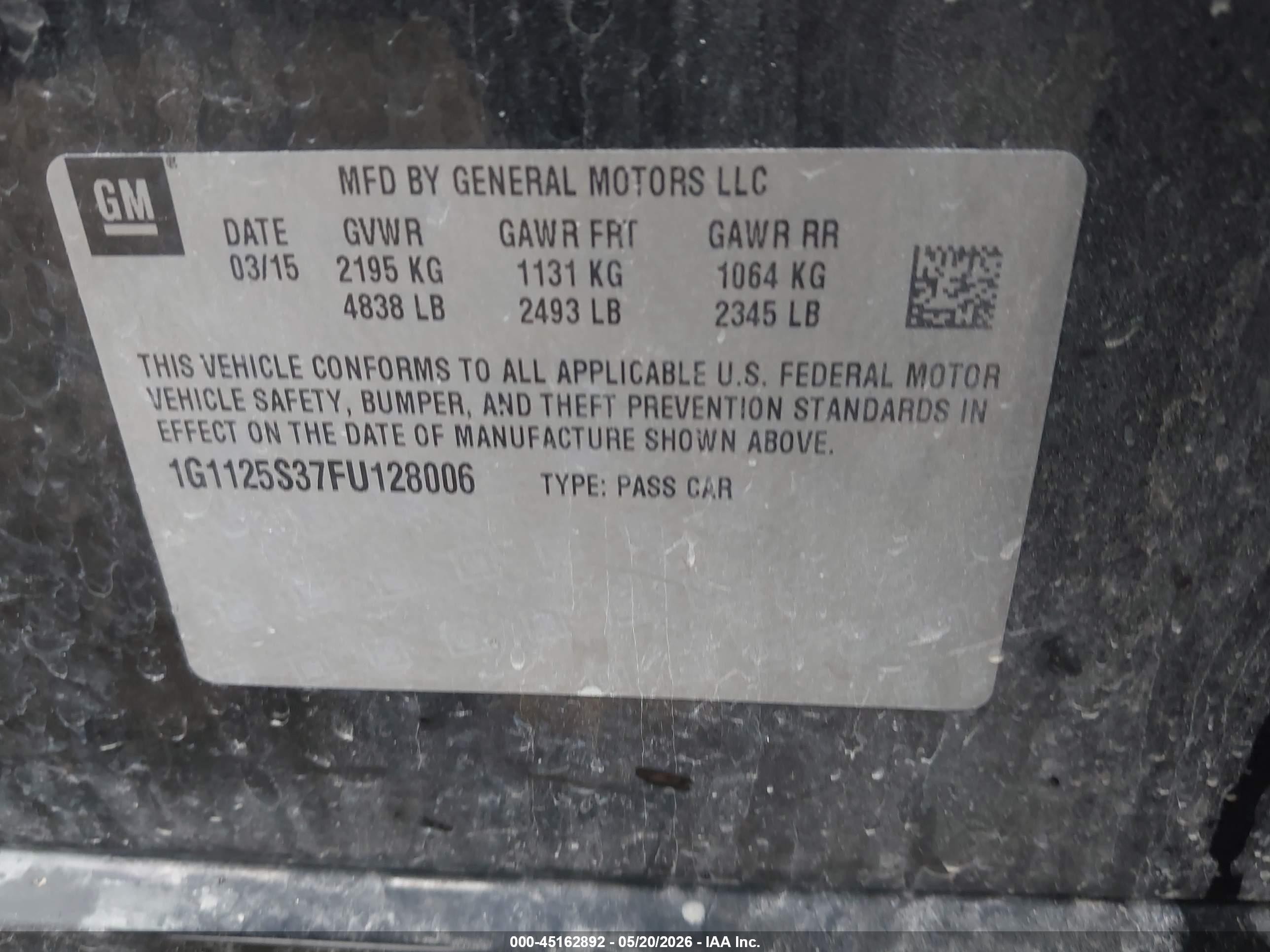 2015 Chevrolet Impala 2lt Black vin: 1G1125S37FU128006