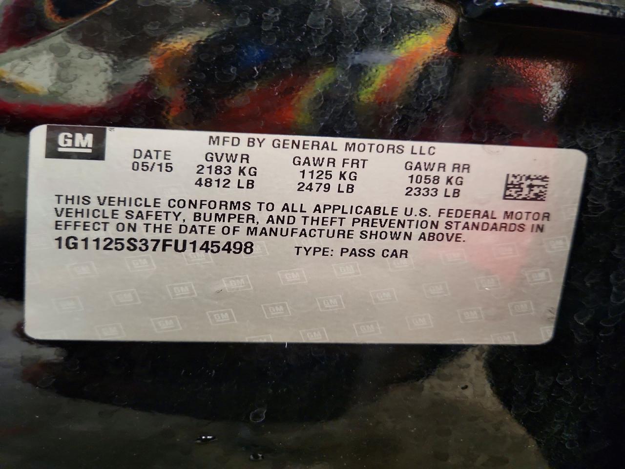 2015 Chevrolet Impala Lt Black vin: 1G1125S37FU145498