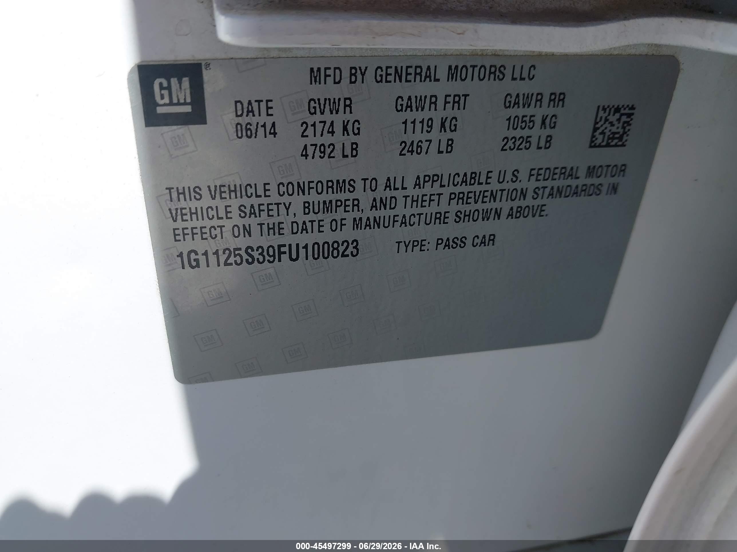 2015 Chevrolet Impala 2lt Белый vin: 1G1125S39FU100823