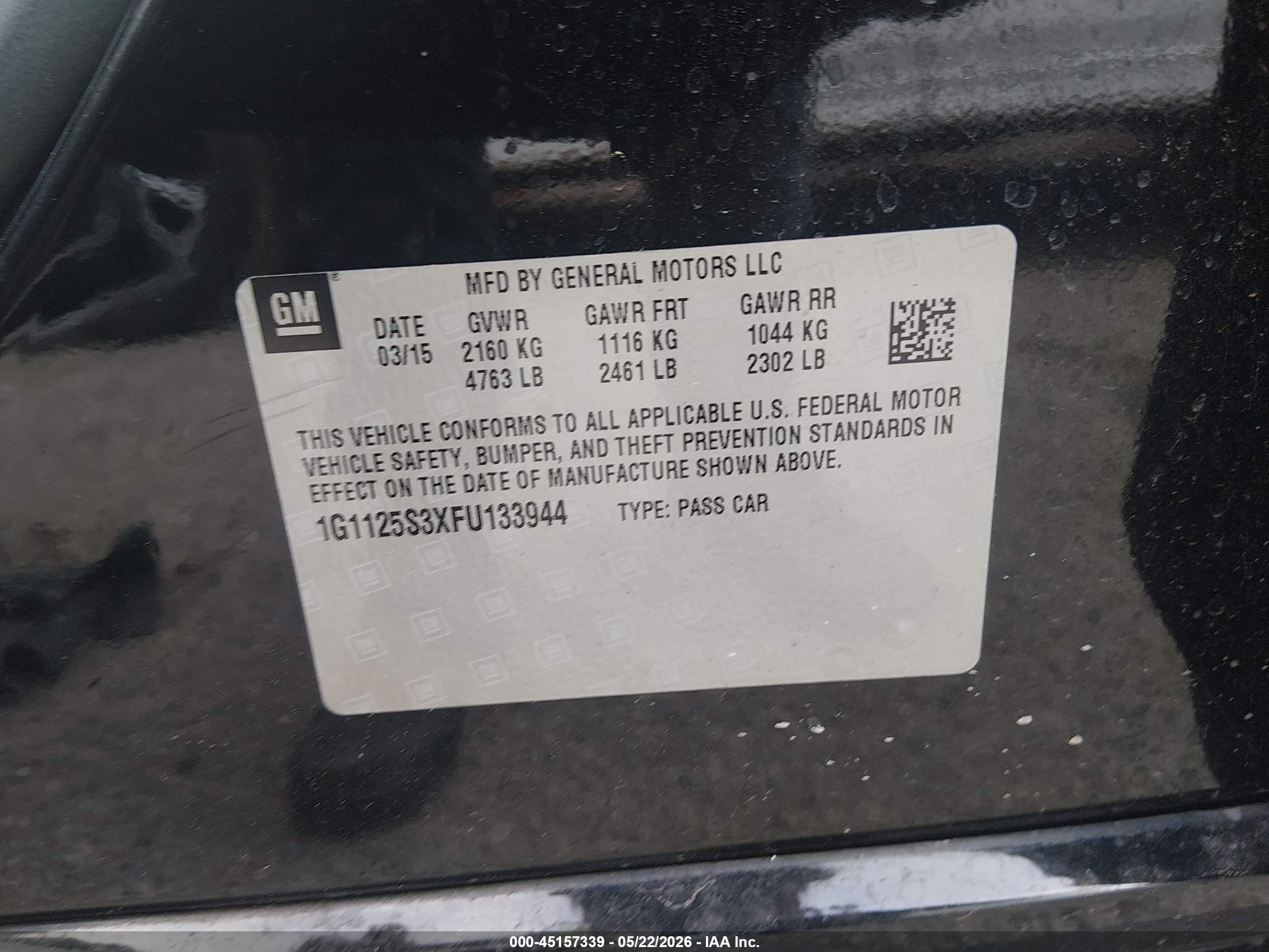 2015 Chevrolet Impala 2lt Black vin: 1G1125S3XFU133944