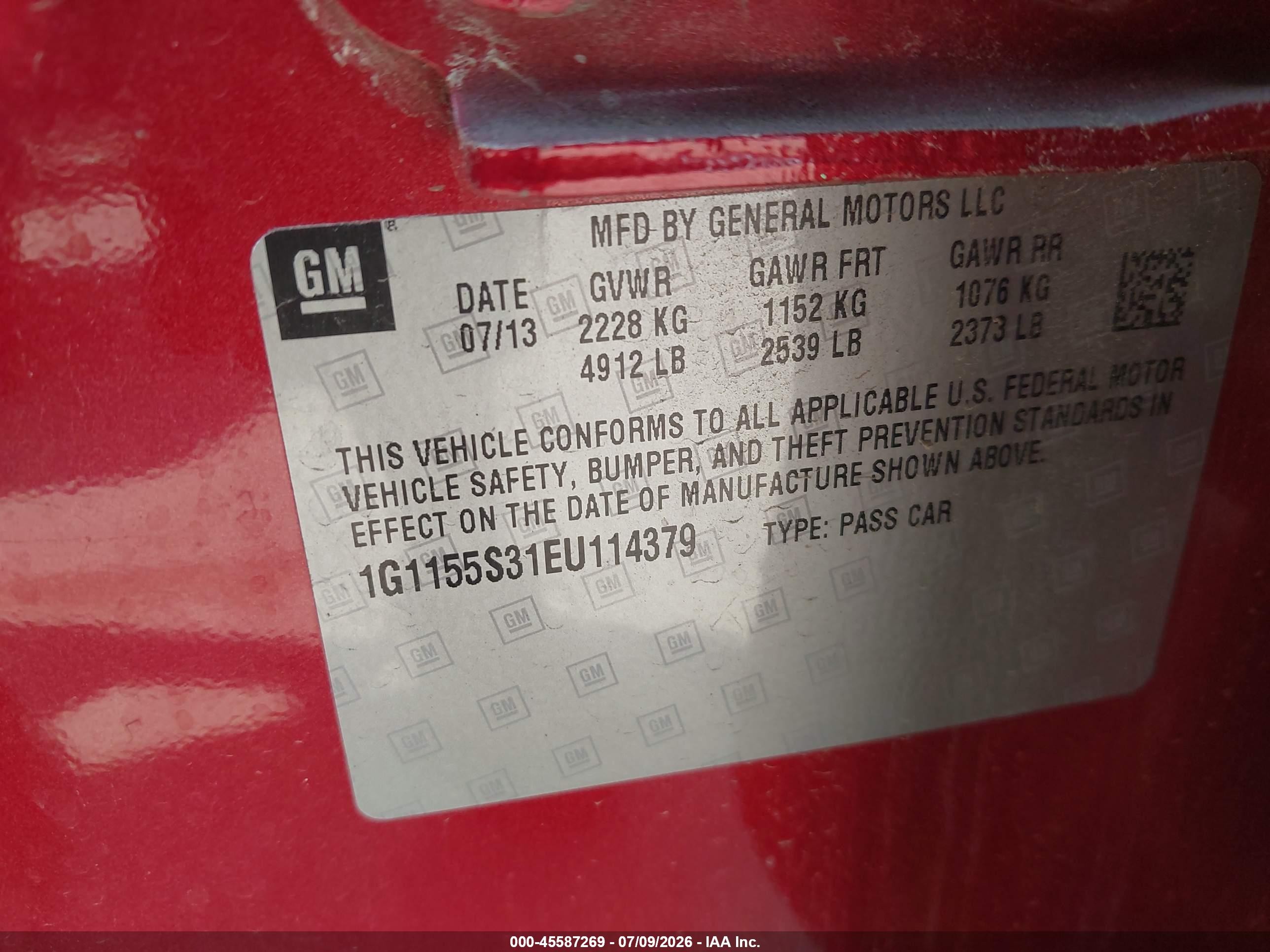 2014 Chevrolet Impala 2lz Red vin: 1G1155S31EU114379