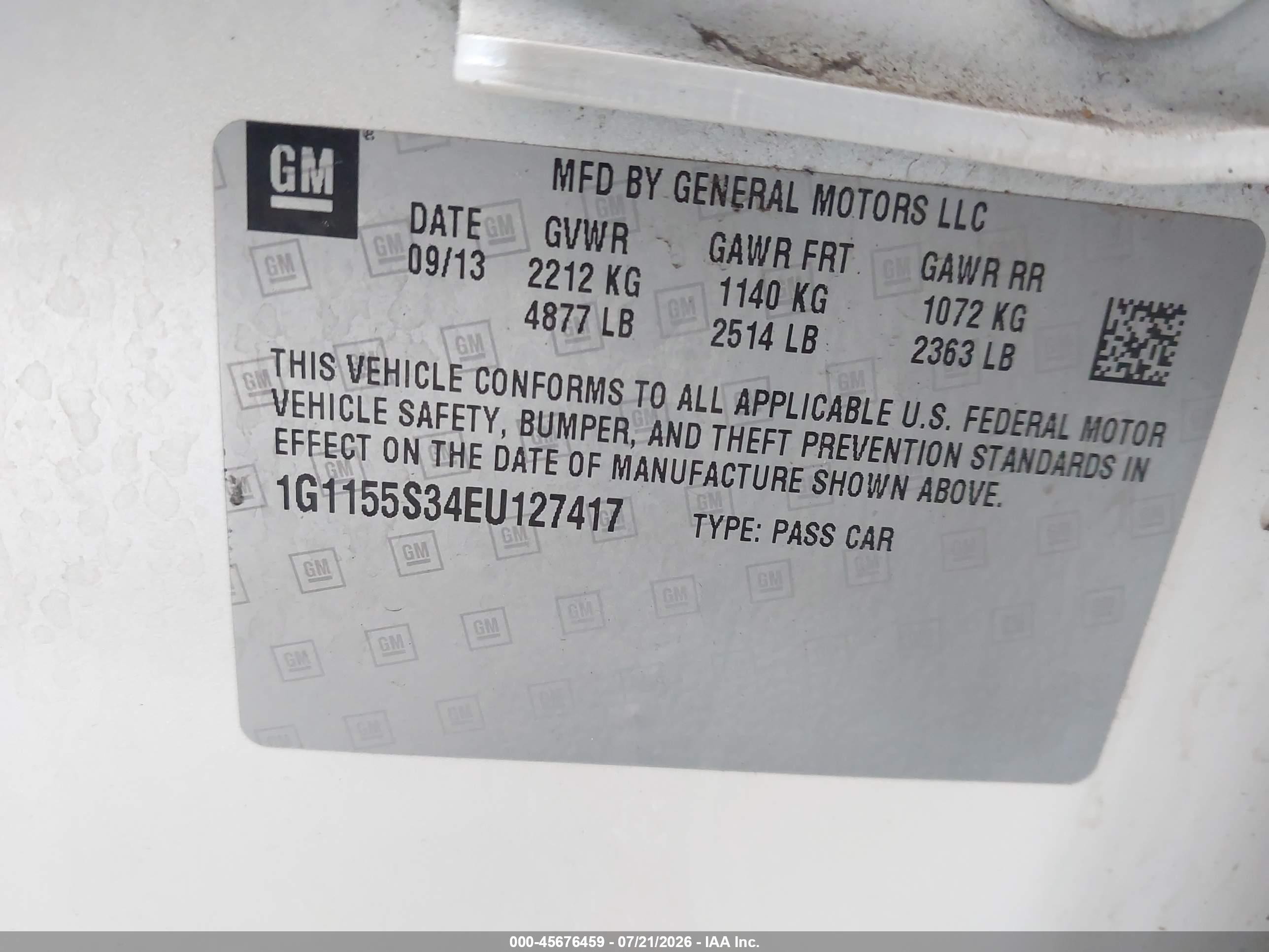 2014 Chevrolet Impala 2lz White vin: 1G1155S34EU127417