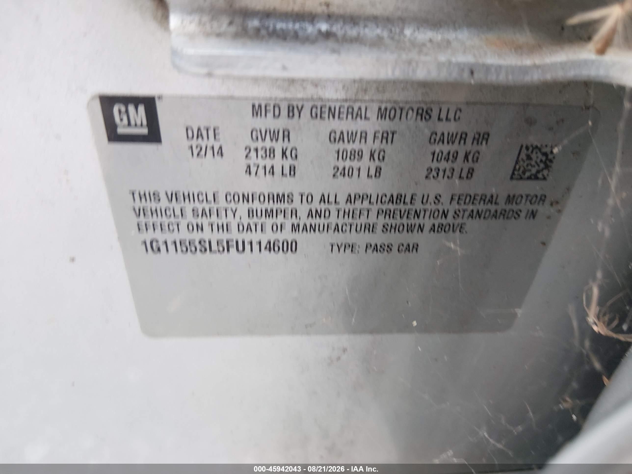 2015 Chevrolet Impala 1lz Серебряный vin: 1G1155SL5FU114600