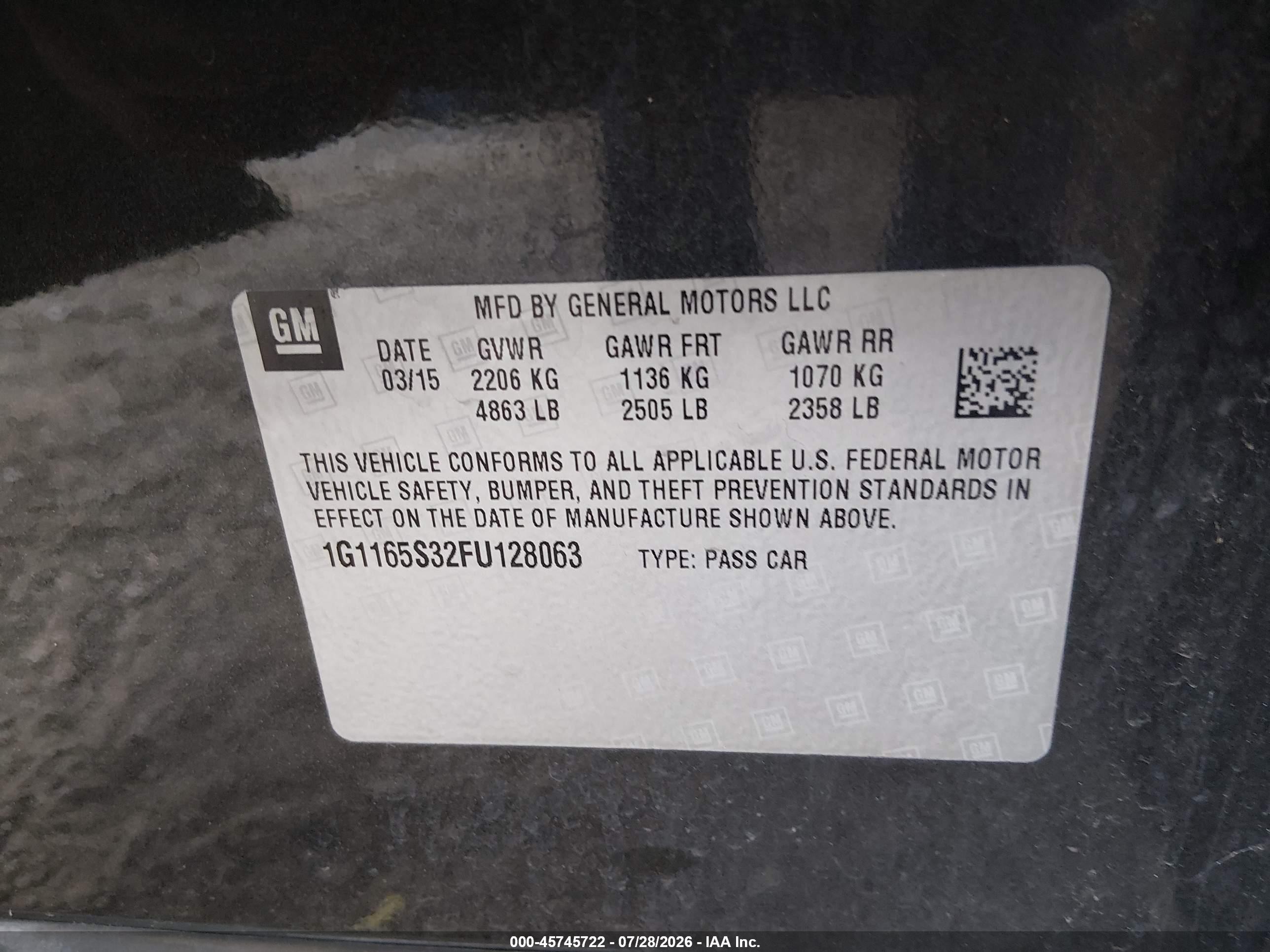 2015 Chevrolet Impala 2lz Gray vin: 1G1165S32FU128063