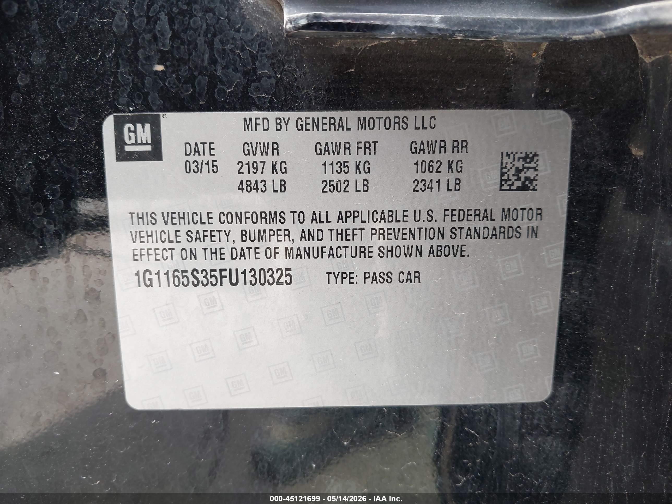 2015 Chevrolet Impala 2lz Черный vin: 1G1165S35FU130325