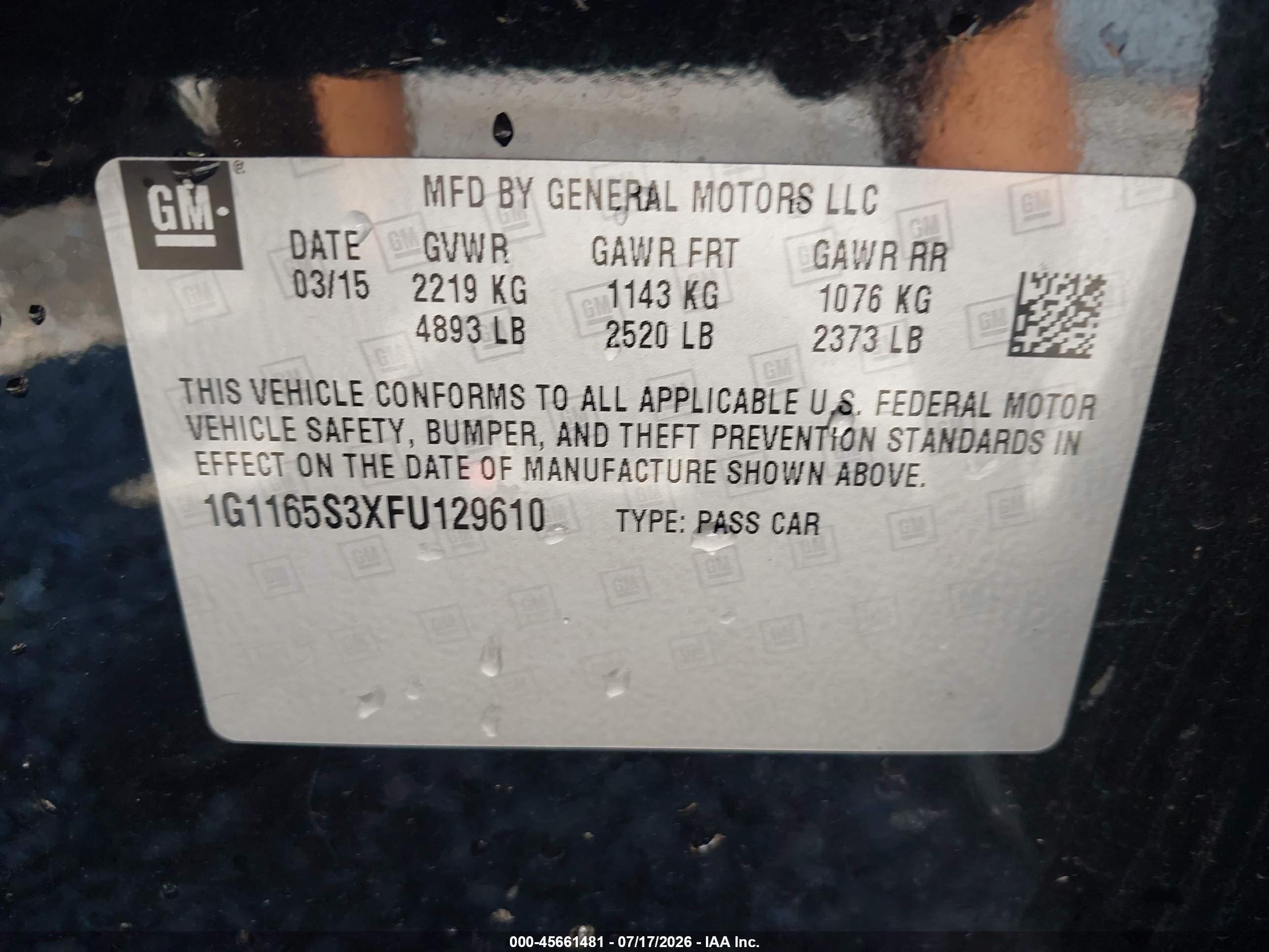 2015 Chevrolet Impala 2lz Черный vin: 1G1165S3XFU129610