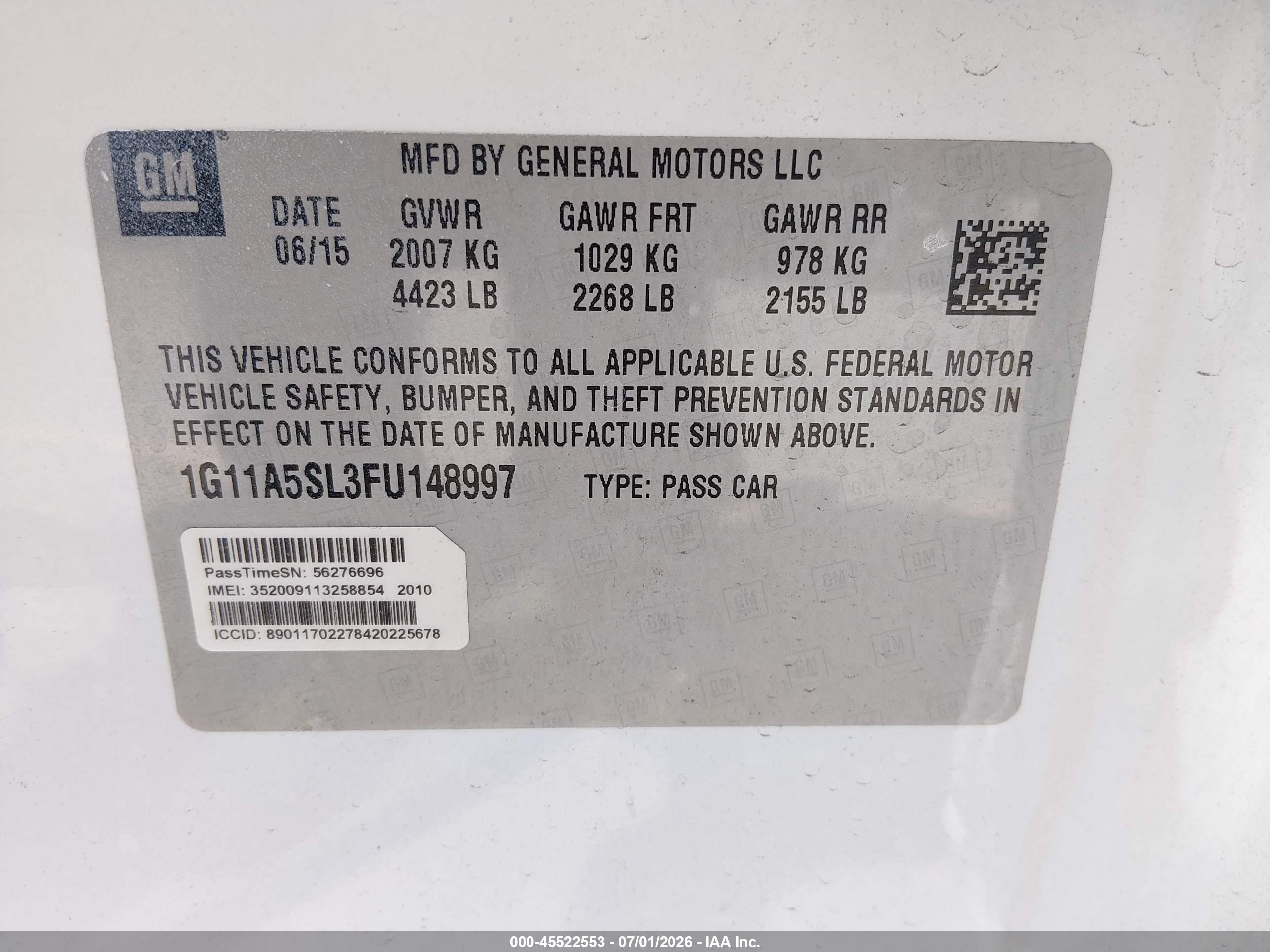 2015 Chevrolet Malibu 1fl White vin: 1G11A5SL3FU148997