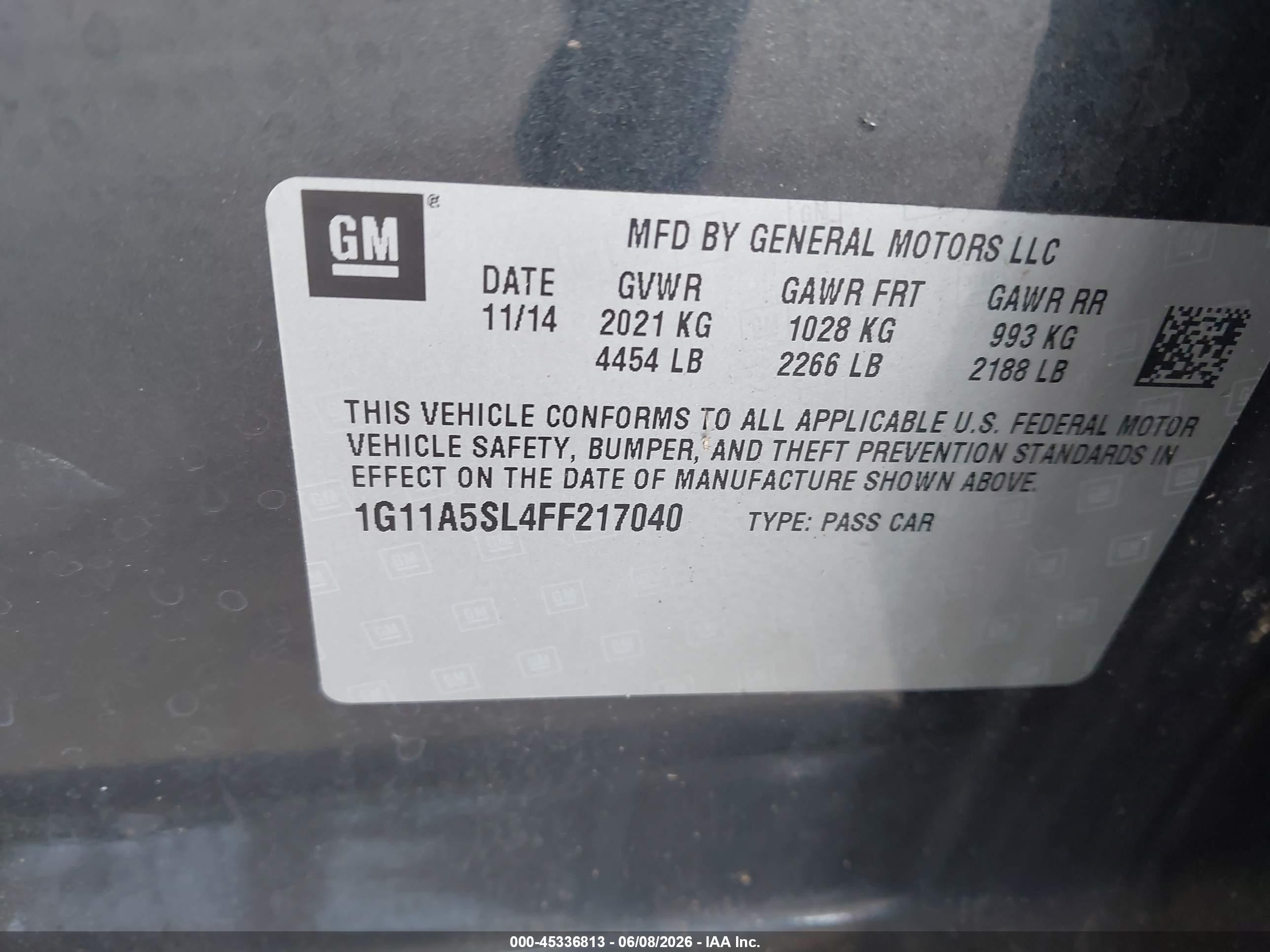2015 Chevrolet Malibu 1fl Gray vin: 1G11A5SL4FF217040