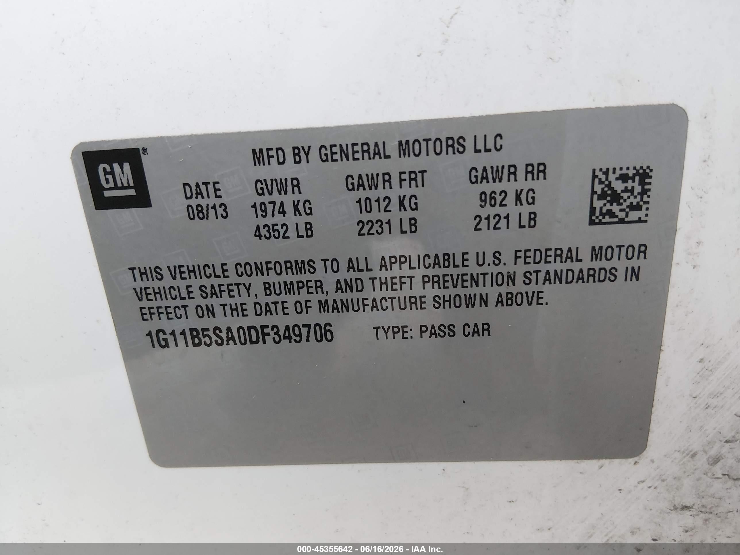 2013 Chevrolet Malibu 1ls White vin: 1G11B5SA0DF349706