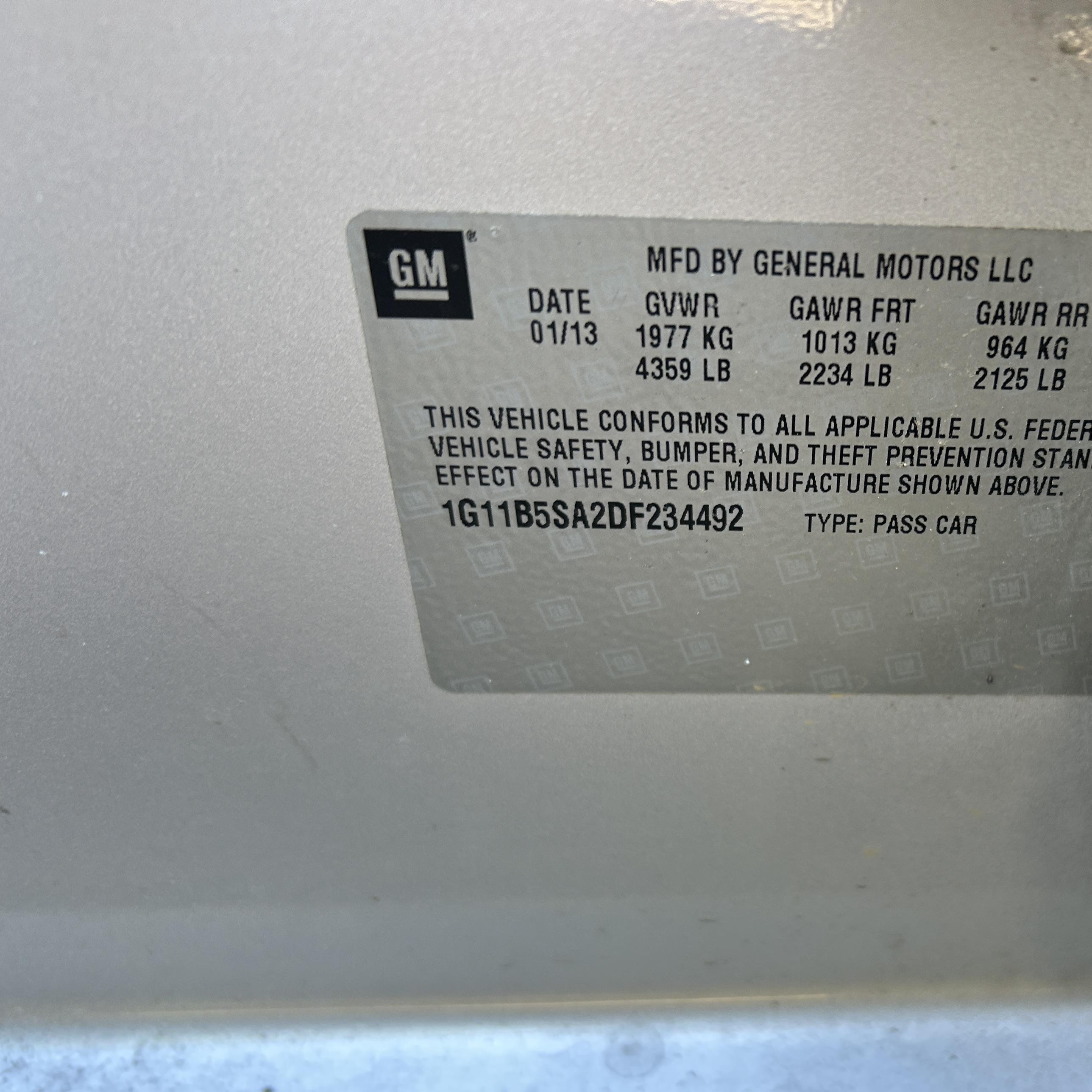 2013 Chevrolet Malibu 1ls vin: 1G11B5SA2DF234492