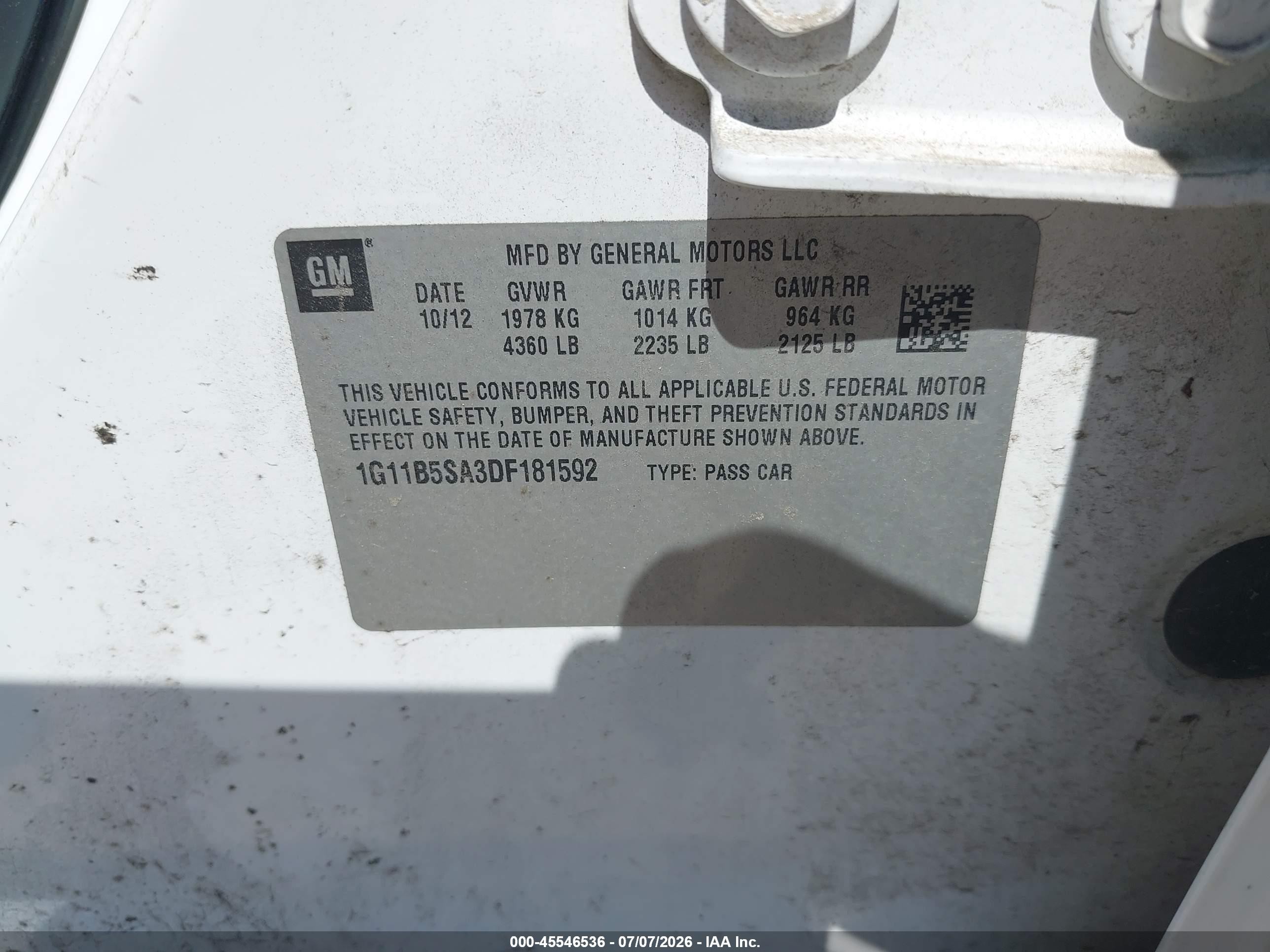 2013 Chevrolet Malibu 1ls White vin: 1G11B5SA3DF181592