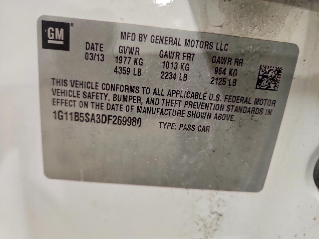 2013 Chevrolet Malibu Ls Белый vin: 1G11B5SA3DF269980