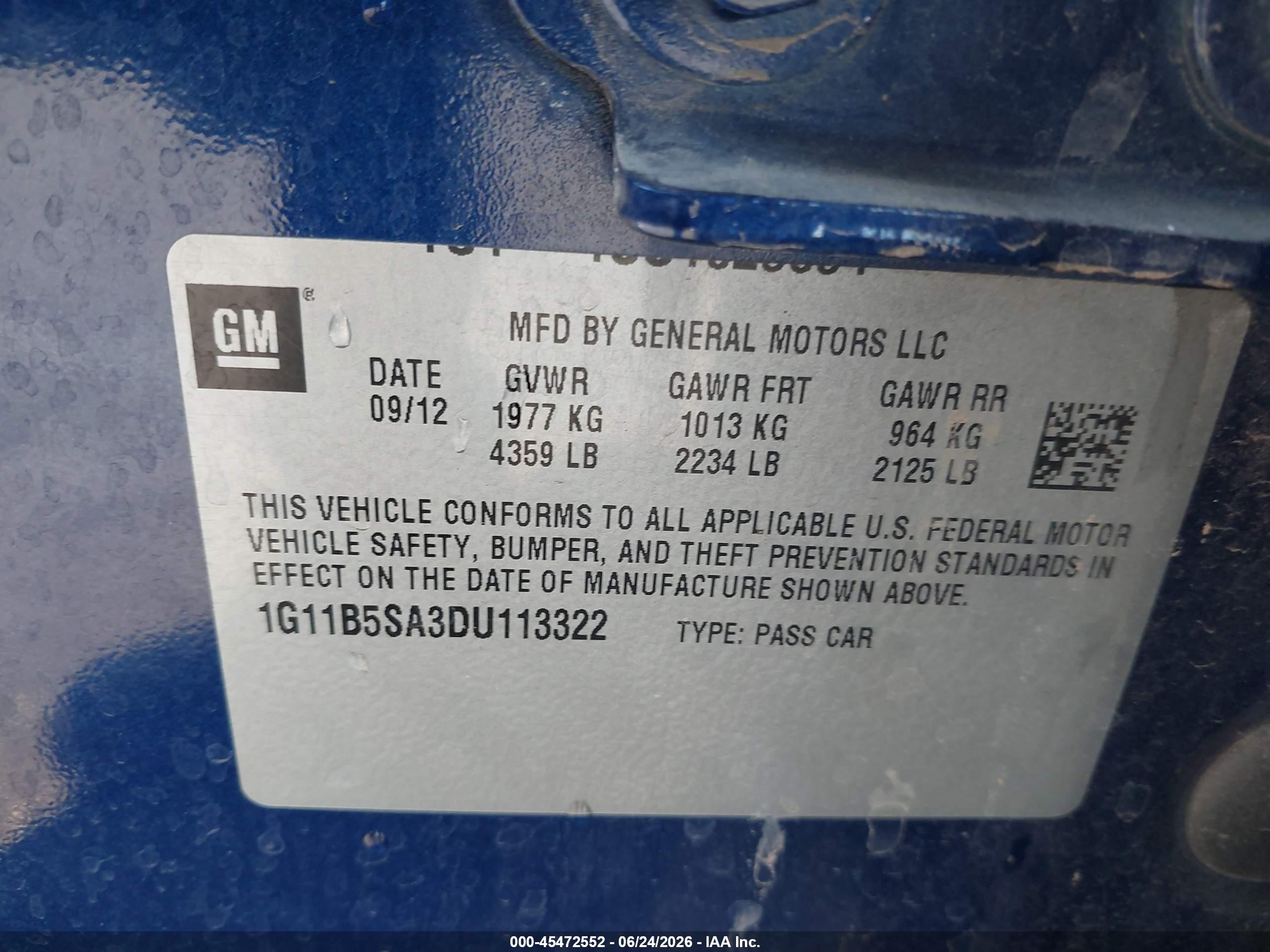 2013 Chevrolet Malibu 1ls Blue vin: 1G11B5SA3DU113322