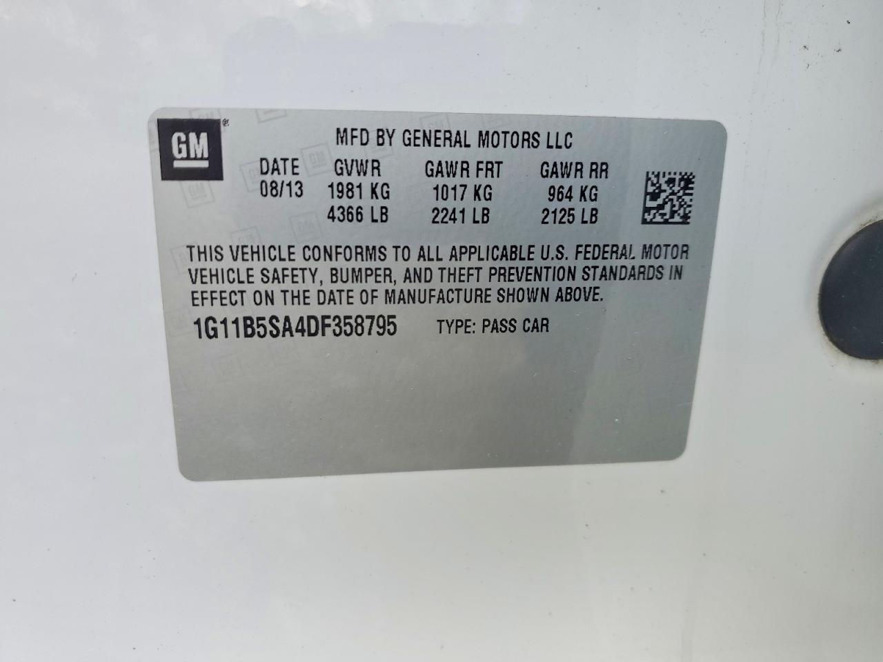 2013 Chevrolet Malibu Ls White vin: 1G11B5SA4DF358795