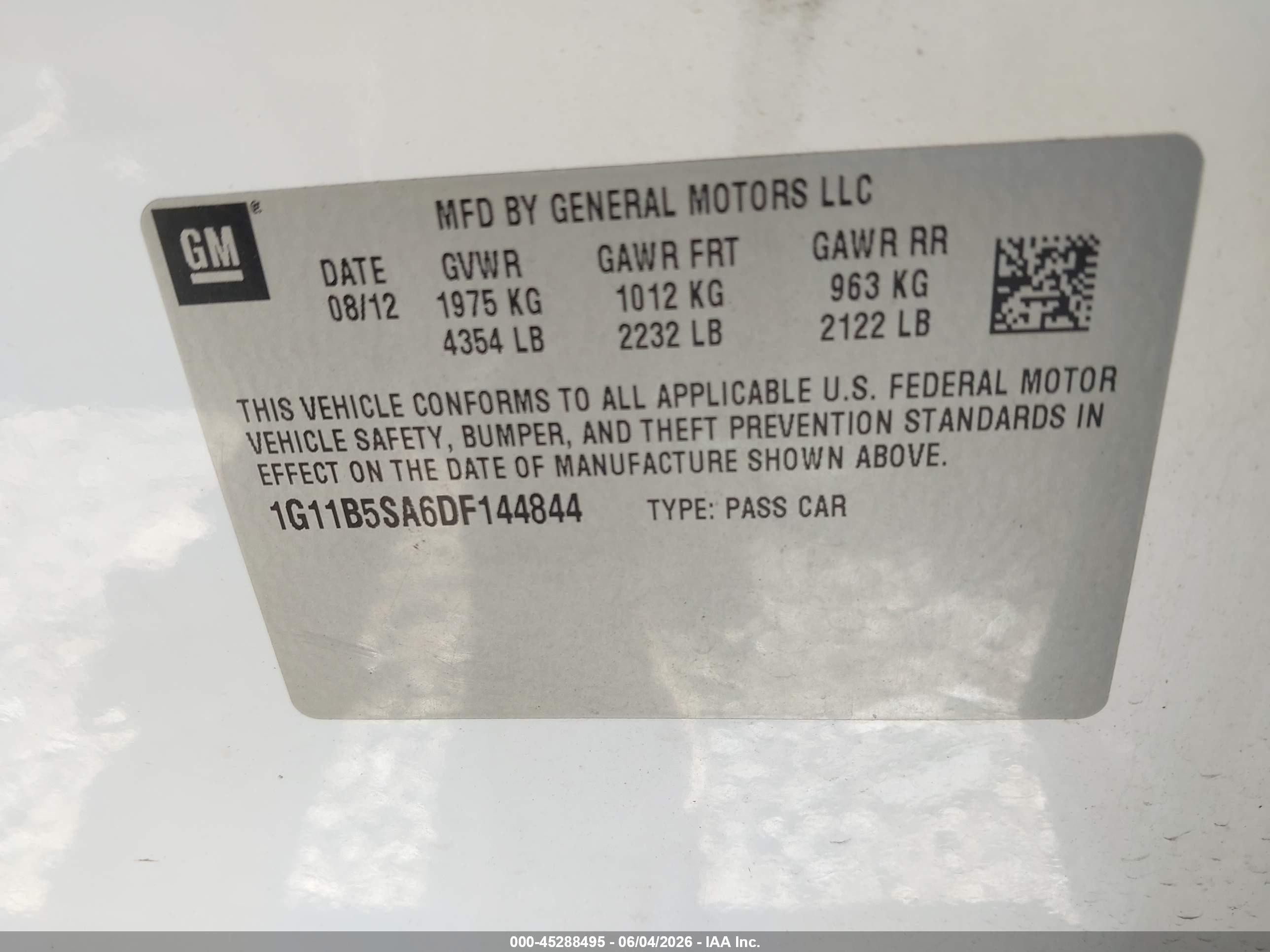 2013 Chevrolet Malibu 1ls White vin: 1G11B5SA6DF144844