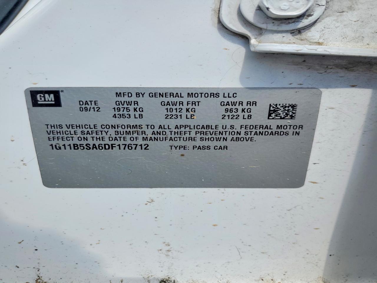 2013 Chevrolet Malibu Ls White vin: 1G11B5SA6DF176712