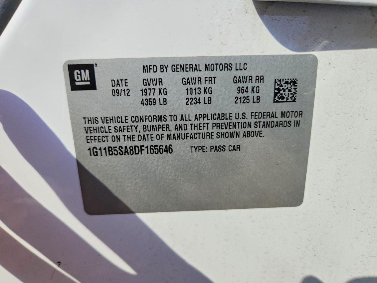 2013 Chevrolet Malibu Ls White vin: 1G11B5SA8DF165646