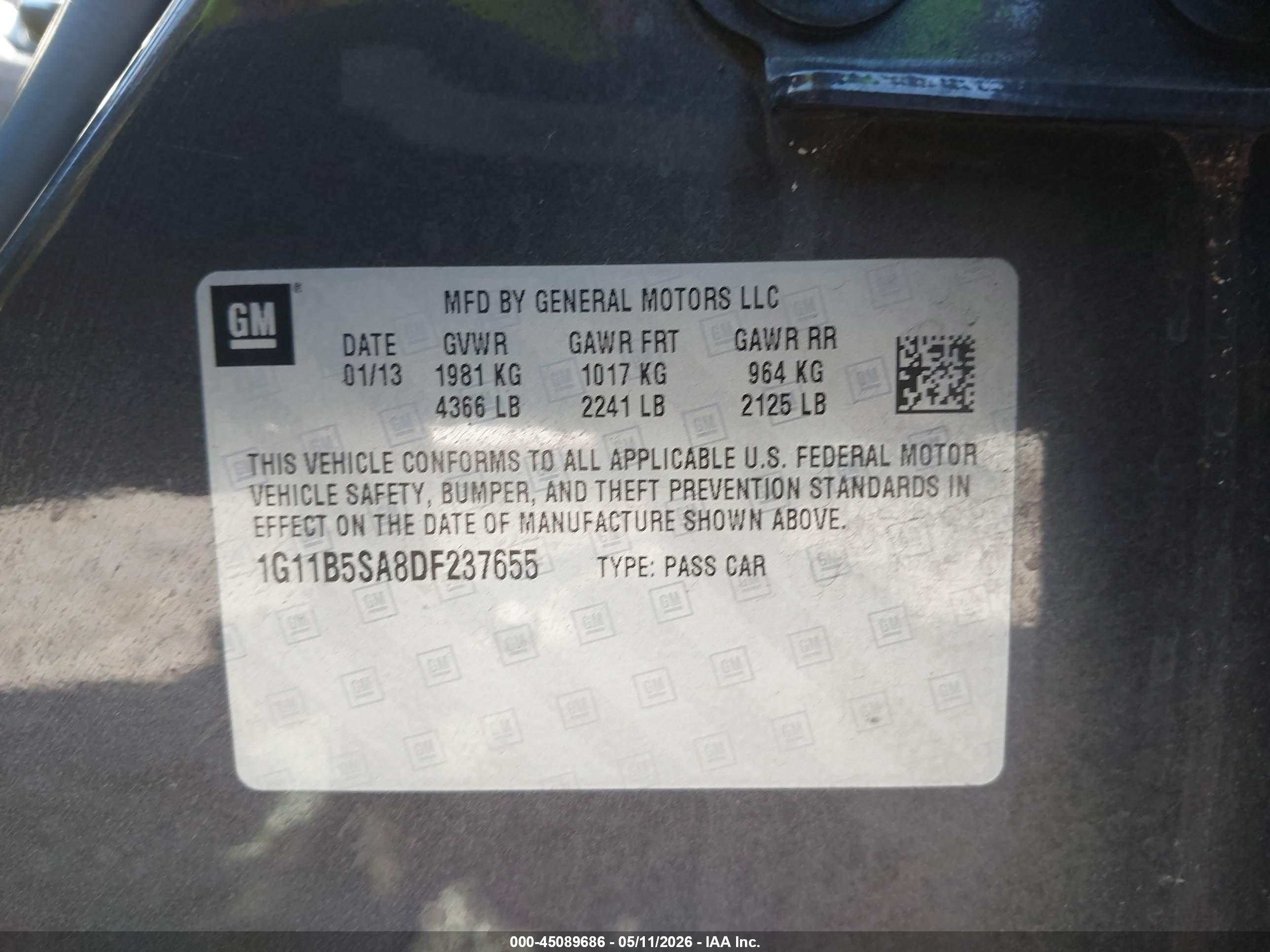 2013 Chevrolet Malibu 1ls Gray vin: 1G11B5SA8DF237655