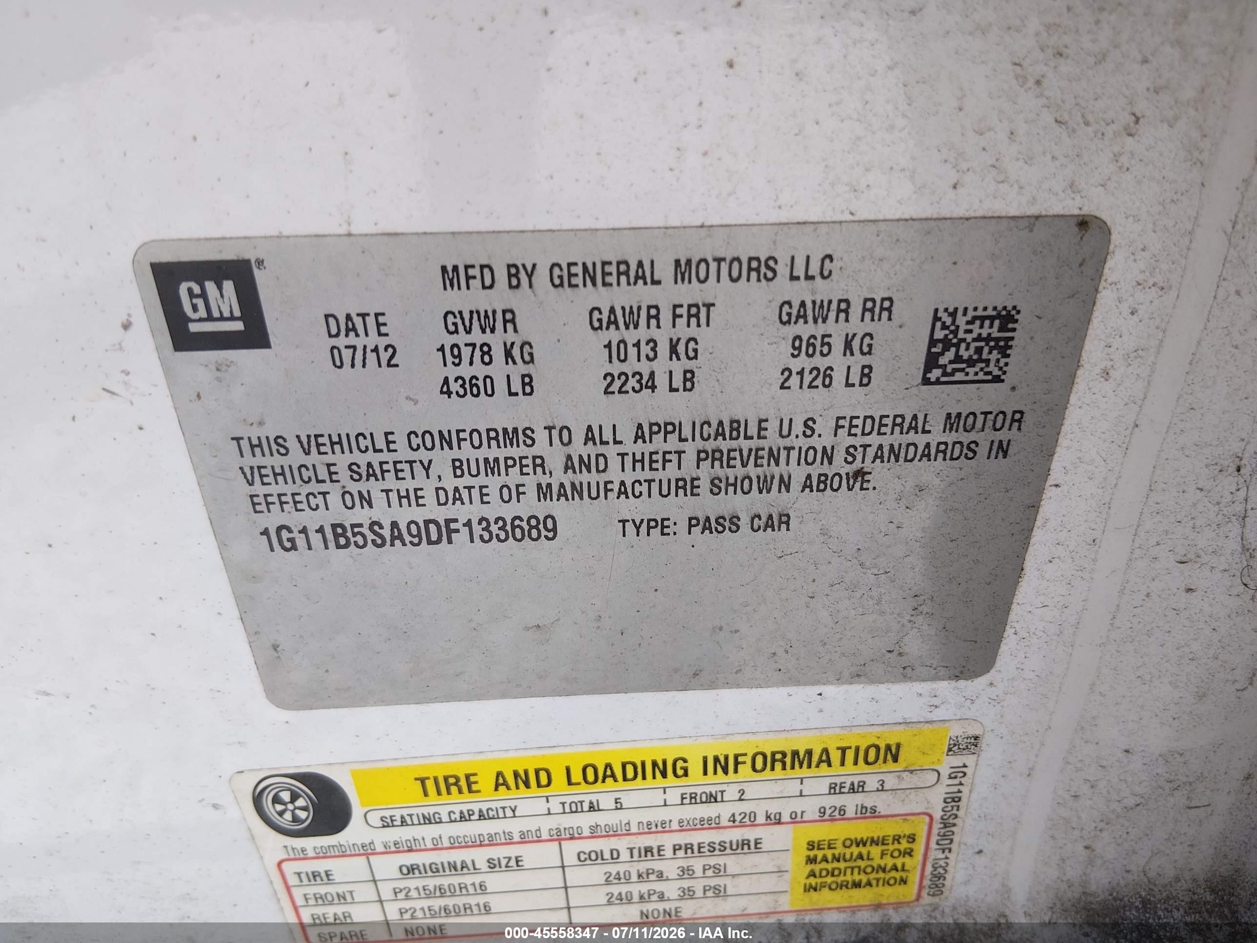 2013 Chevrolet Malibu 1ls White vin: 1G11B5SA9DF133689